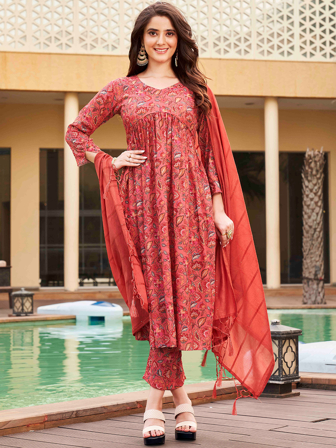 

Tikhi Imli Floral Printed Sequinned Kurta with Trousers & With Dupatta, Red