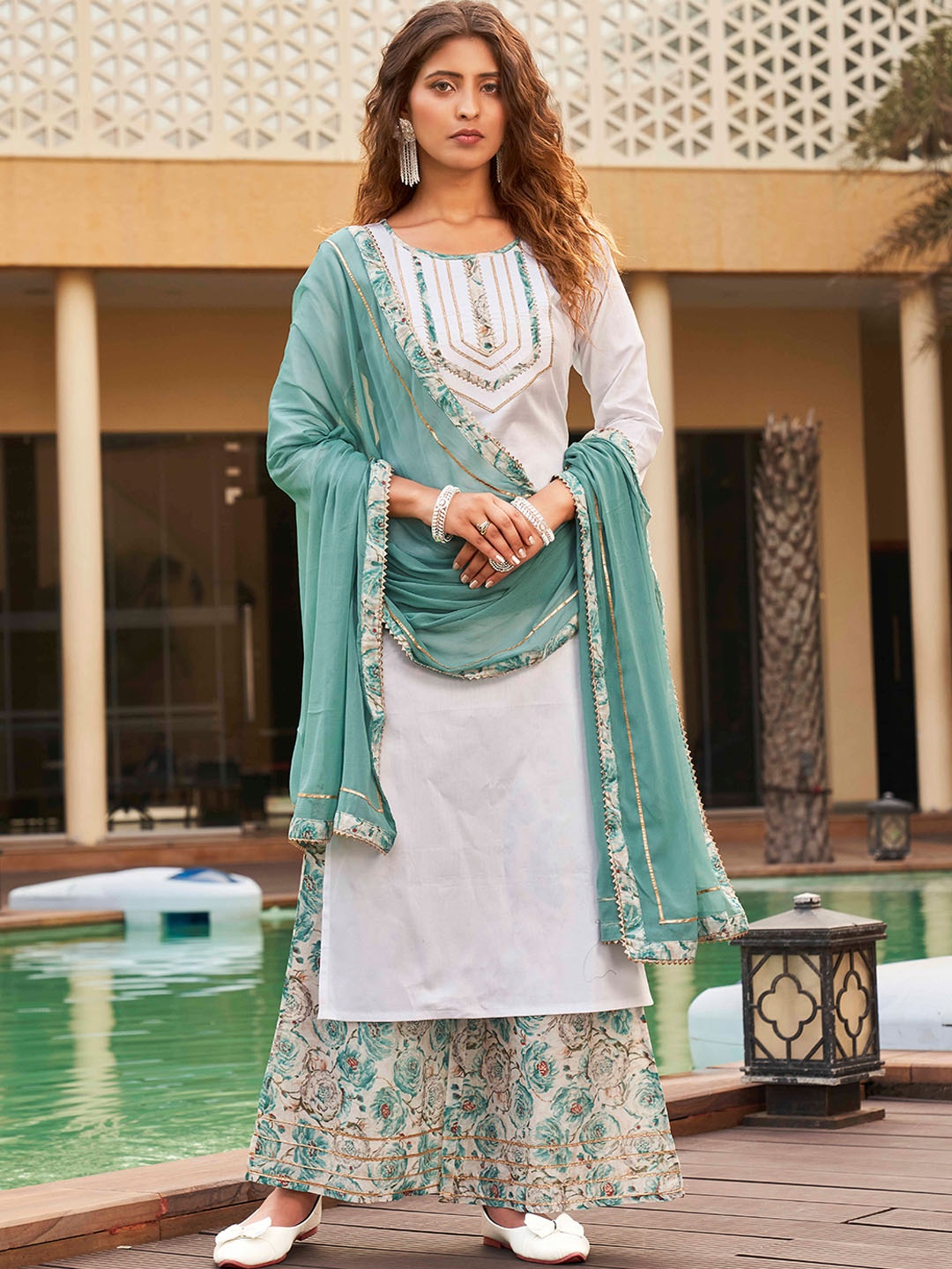

Tikhi Imli Gotta Patti Pure Cotton Kurta with Palazzos & With Dupatta, White