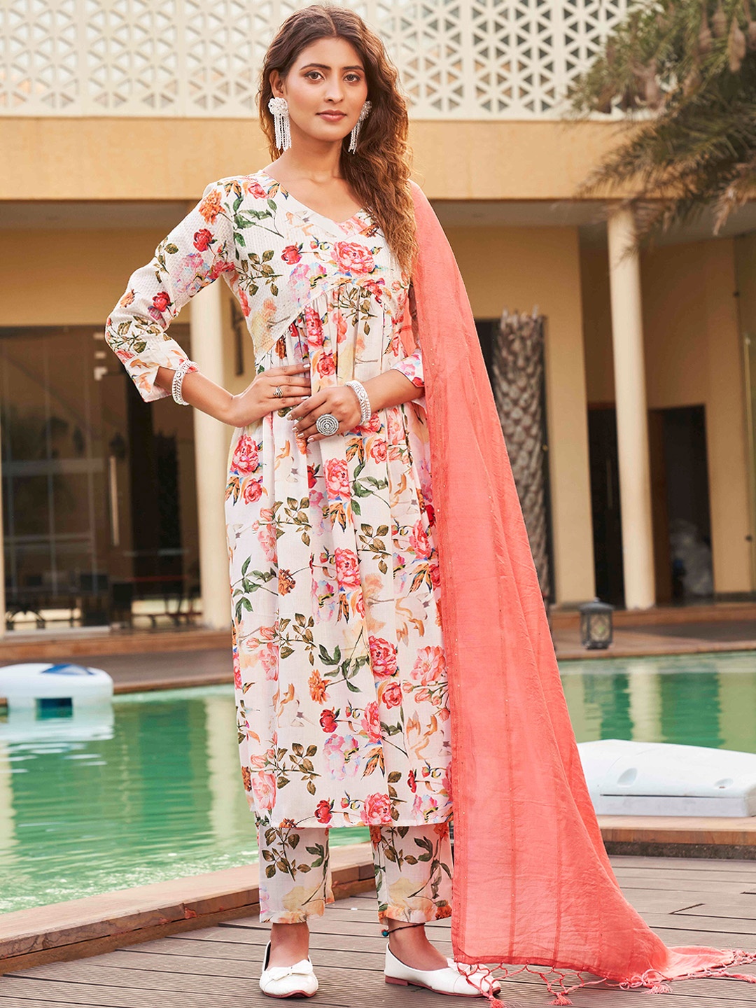 

Tikhi Imli Printed Sequinned Empire Pure Cotton Kurta with Trousers & With Dupatta, Off white