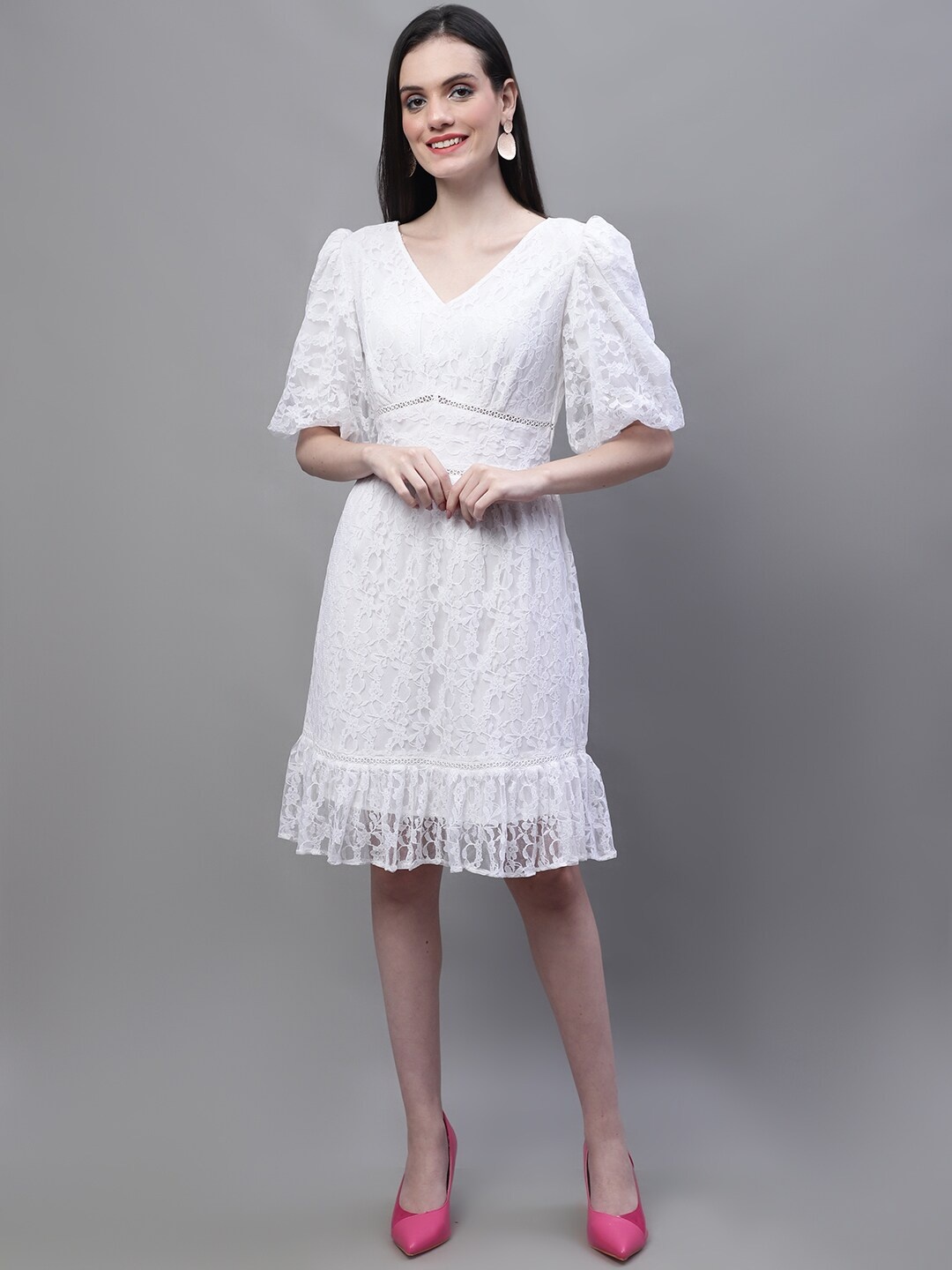 MARC LOUIS Puff Sleeve Ruffled Lace Fit & Flare Dress, White