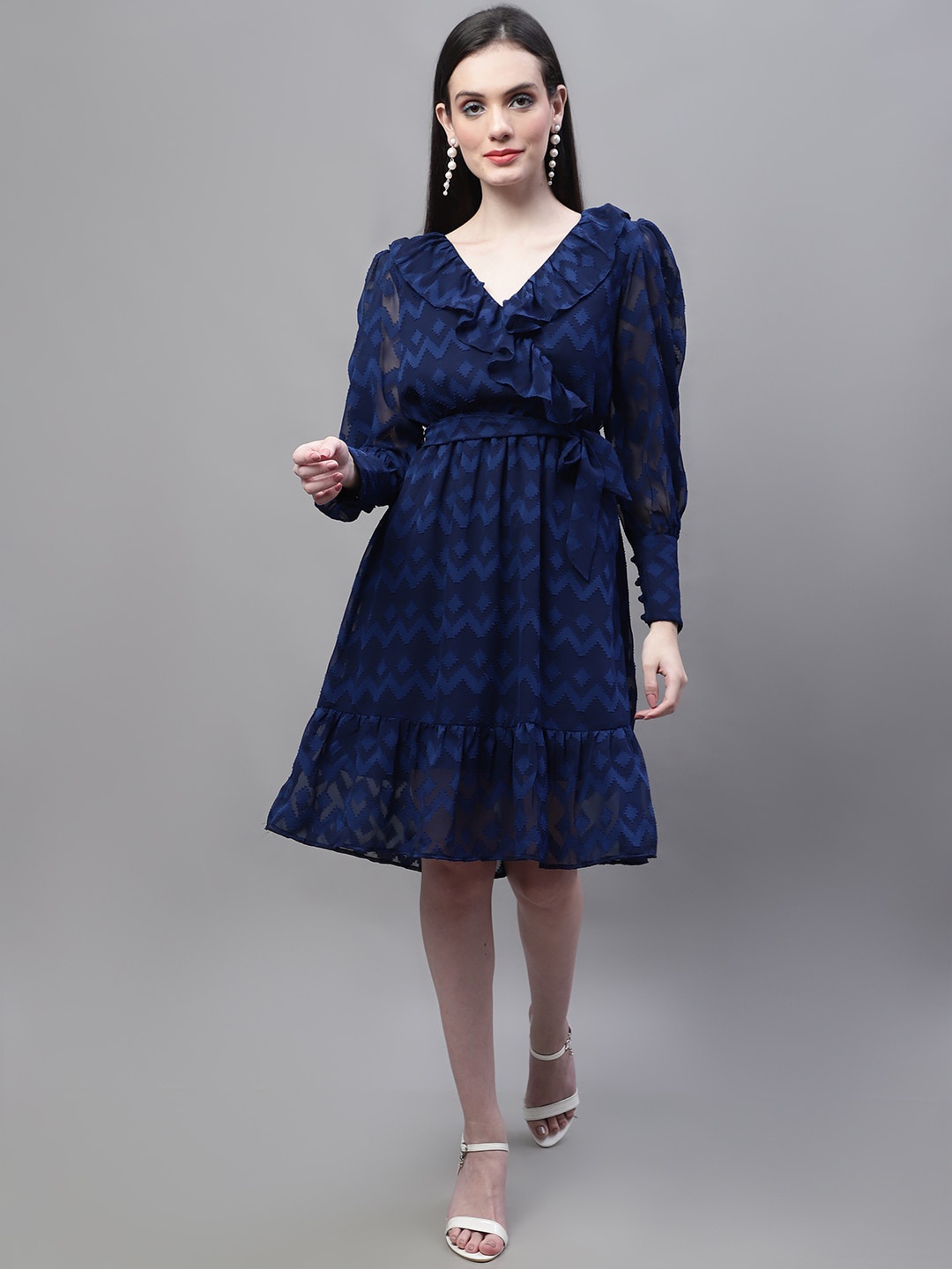 

MARC LOUIS V-Neck Puff Sleeve Ruffled Jacquard Fit & Flare Dress, Navy blue