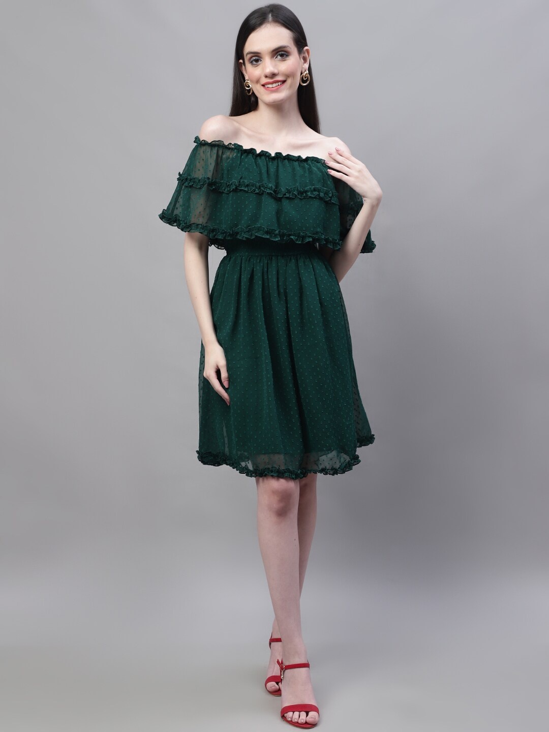 MARC LOUIS Off-Shoulder Ruffled Fit & Flare Dress, Green