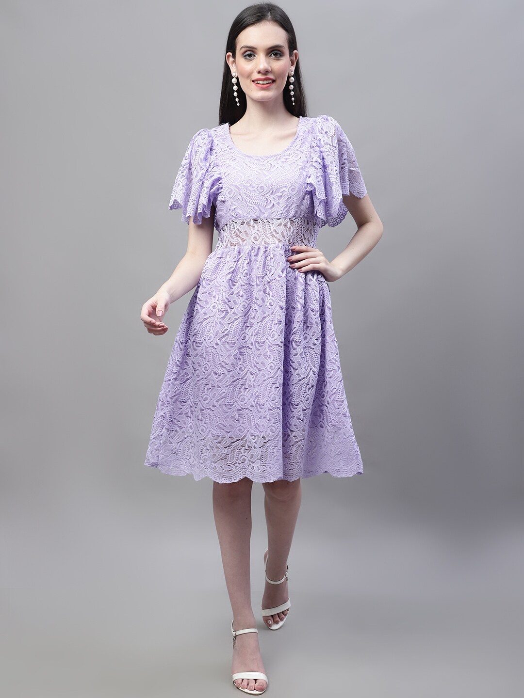 MARC LOUIS Self Design Floral Flared Sleeve Net Fit & Flare Dress, Lavender