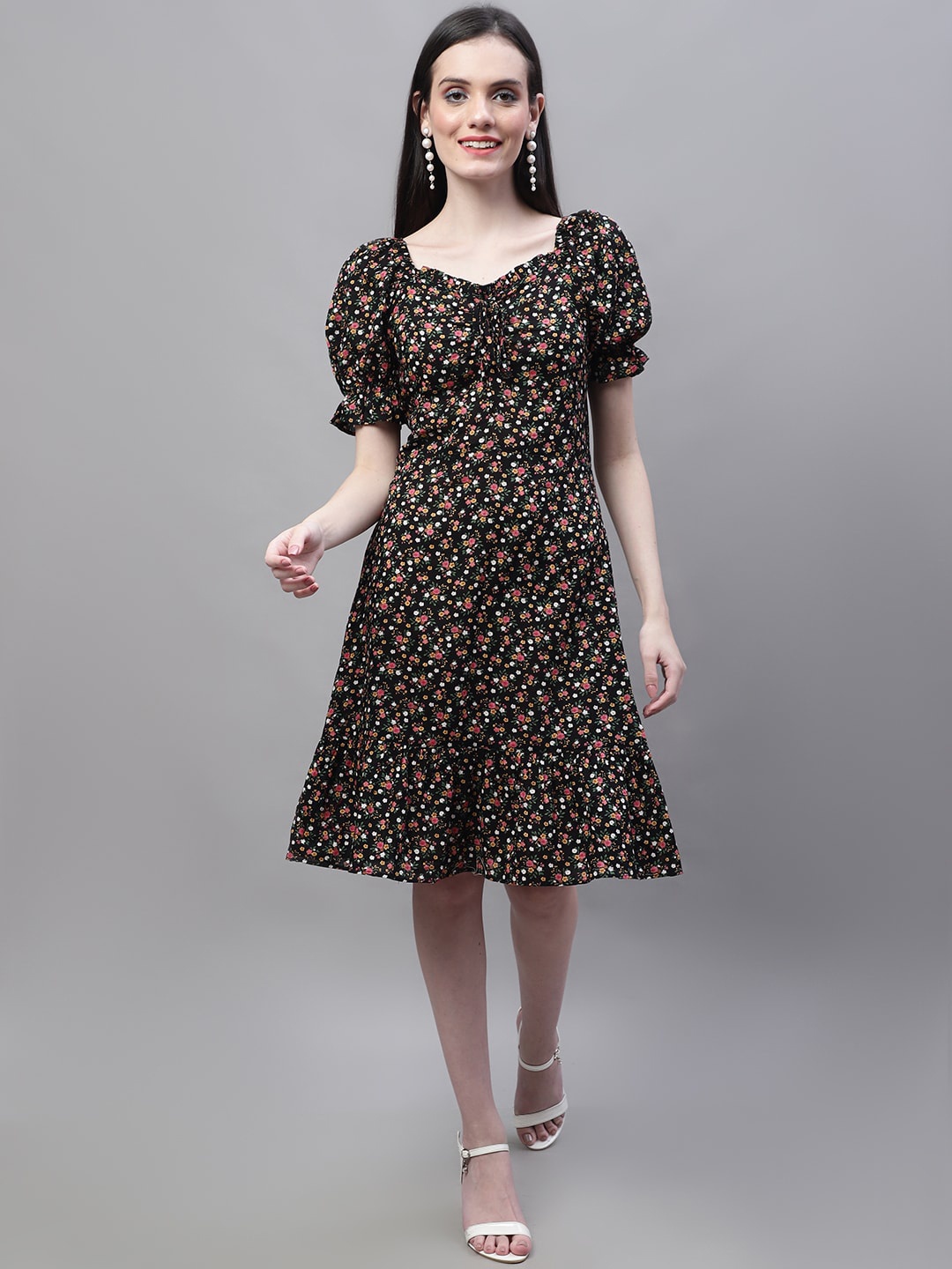 

MARC LOUIS Floral Printed Sweetheart Neck Puff Sleeve A-Line Dress, Black