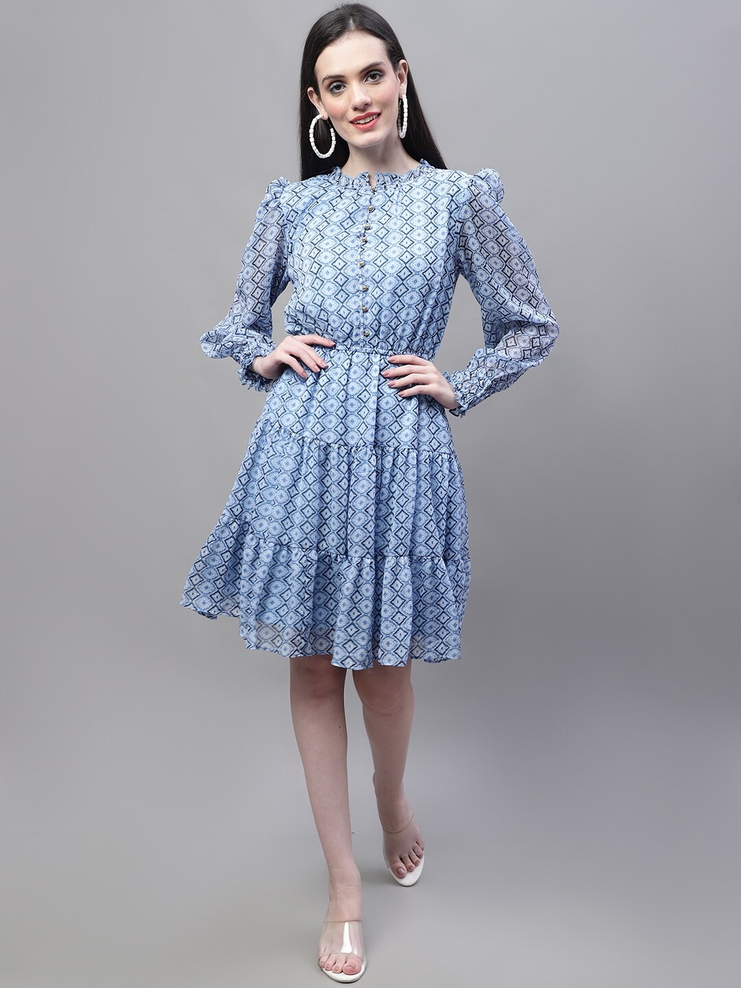 

MARC LOUIS Floral Printed Puff Sleeve Tiered Chiffon Fit & Flare Dress, Blue