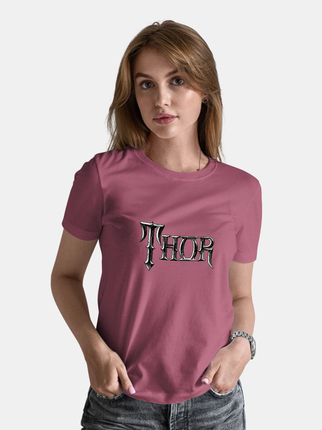 

macmerise Bio Finish Thor Typography Printed Round Neck Cotton T-shirt, Mauve