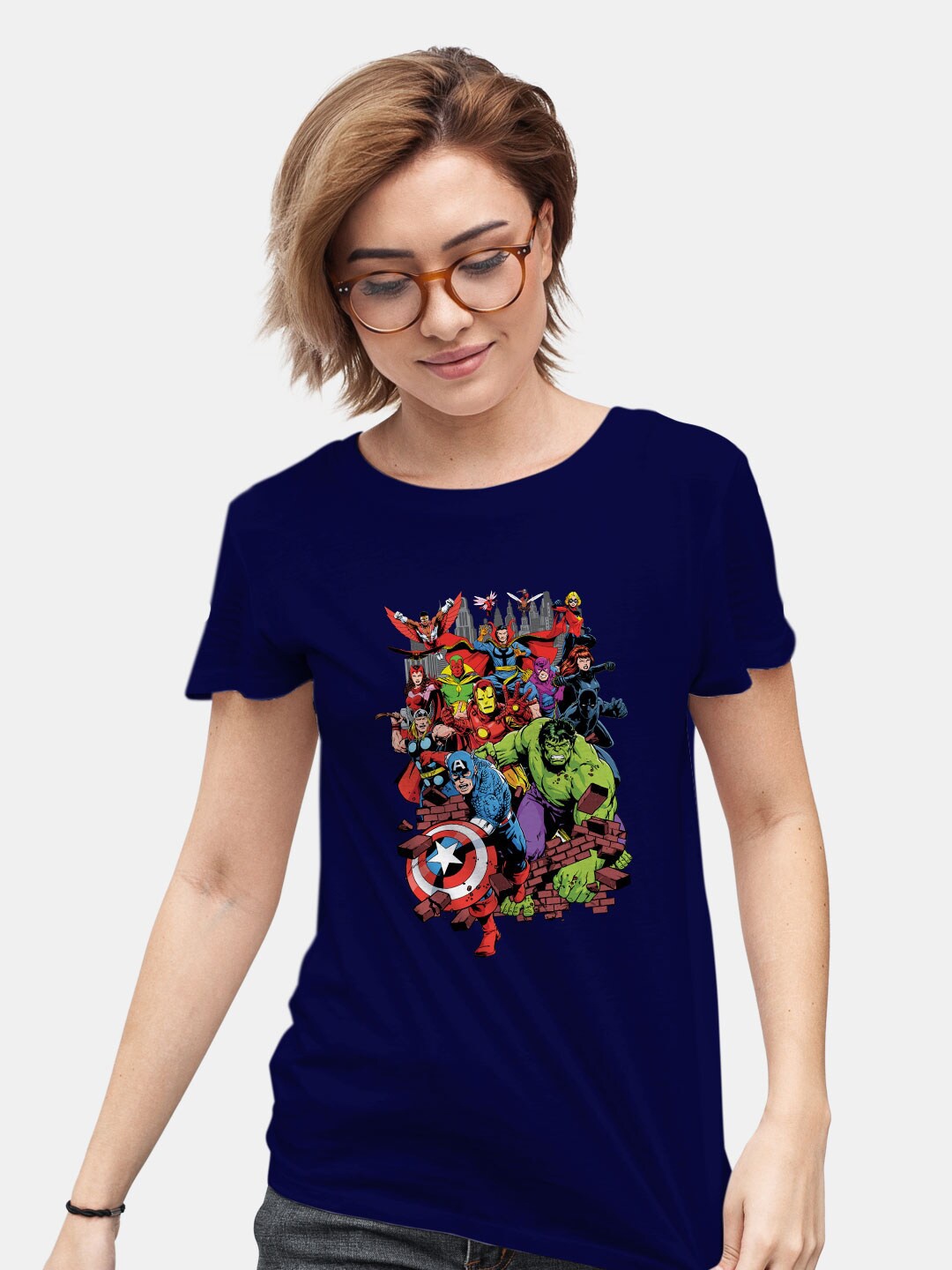 

macmerise Marvel Printed Bio Finish Cotton Loose T-Shirt, Navy blue