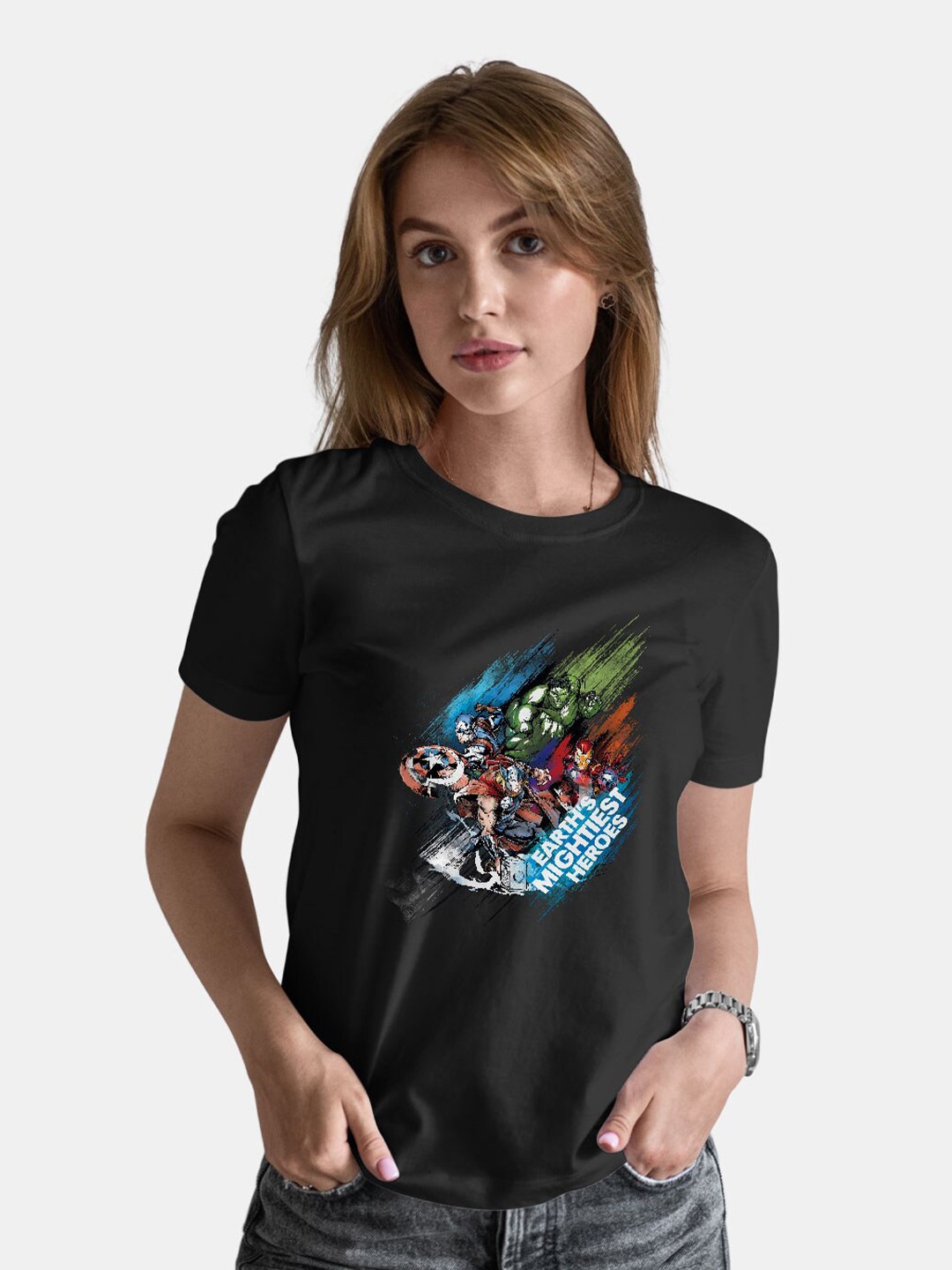 

macmerise Avengers Printed Bio Finish Round Neck Cotton T-shirt, Black