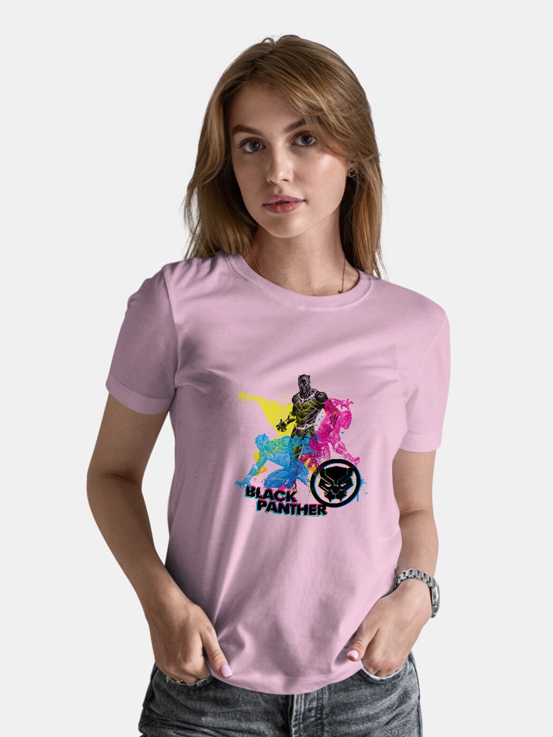 macmerise Black Panther Printed Bio Finish Pure Cotton T-shirt, Pink