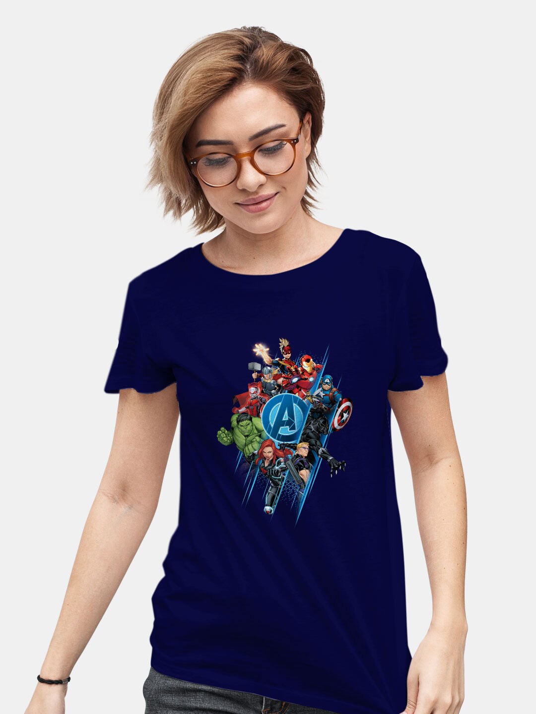 

macmerise Marvel Graphic Printed Round Neck Short Sleeves Cotton T-shirt, Navy blue