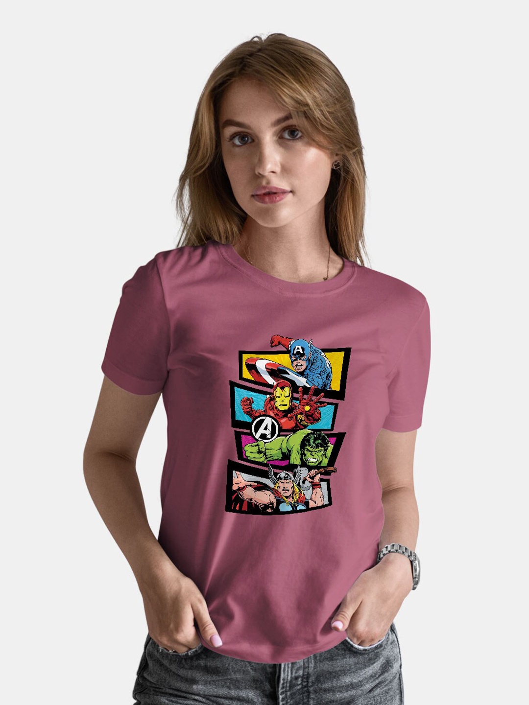 

macmerise Avengers Printed Short Sleeves Bio Finish Cotton T-shirt, Mauve