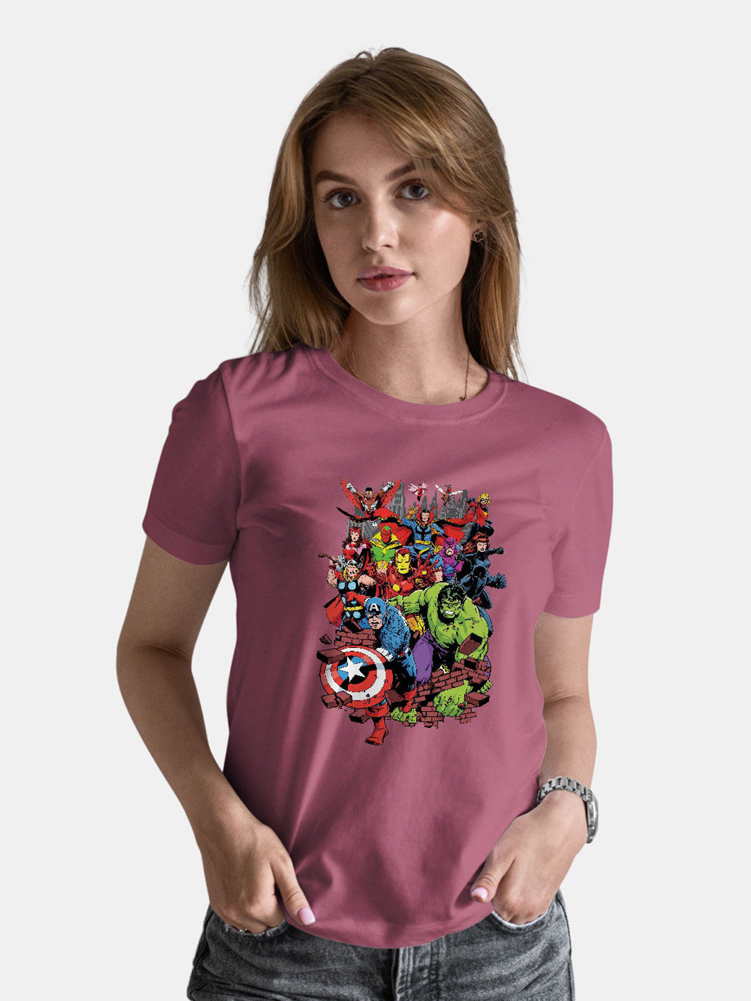

macmerise Avengers Comic Wall Breaker Printed Bio Finish Pure Cotton T-shirt, Magenta