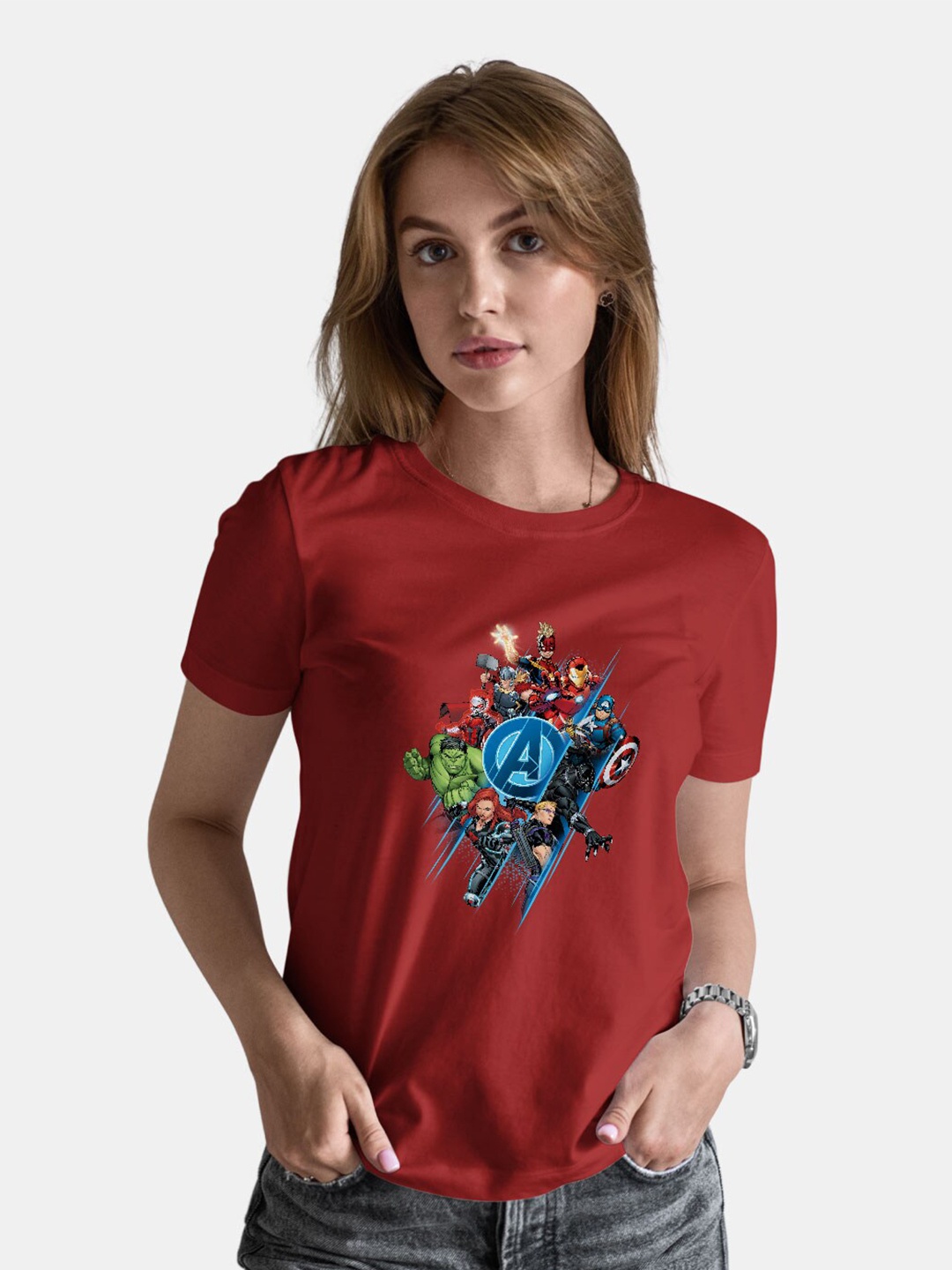 

macmerise Bio Finish Avengers Graphic Printed Round Neck Cotton T-shirt, Maroon