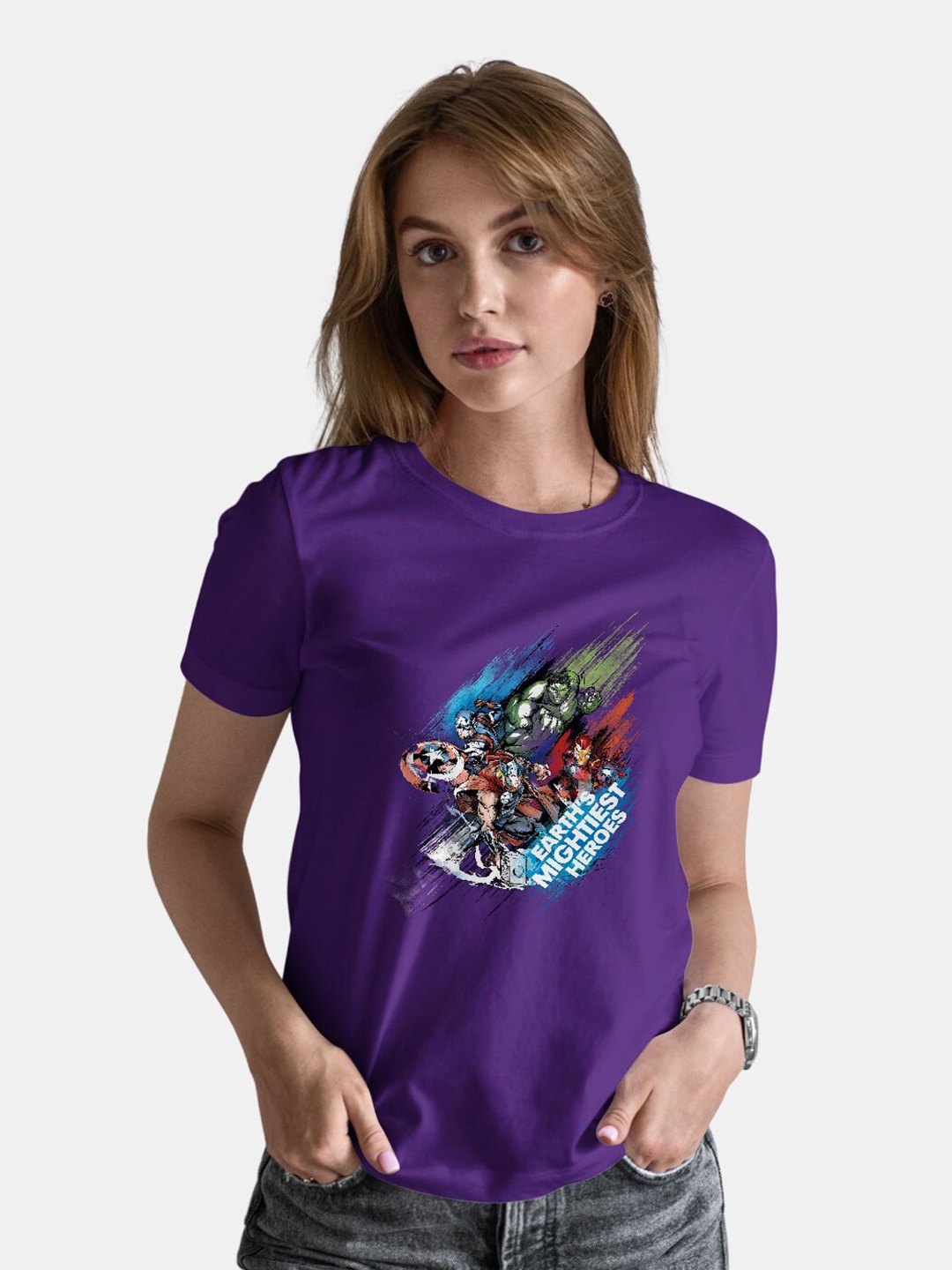 

macmerise Marvel Comic Printed Round Neck Bio Finish Cotton T-shirt, Purple