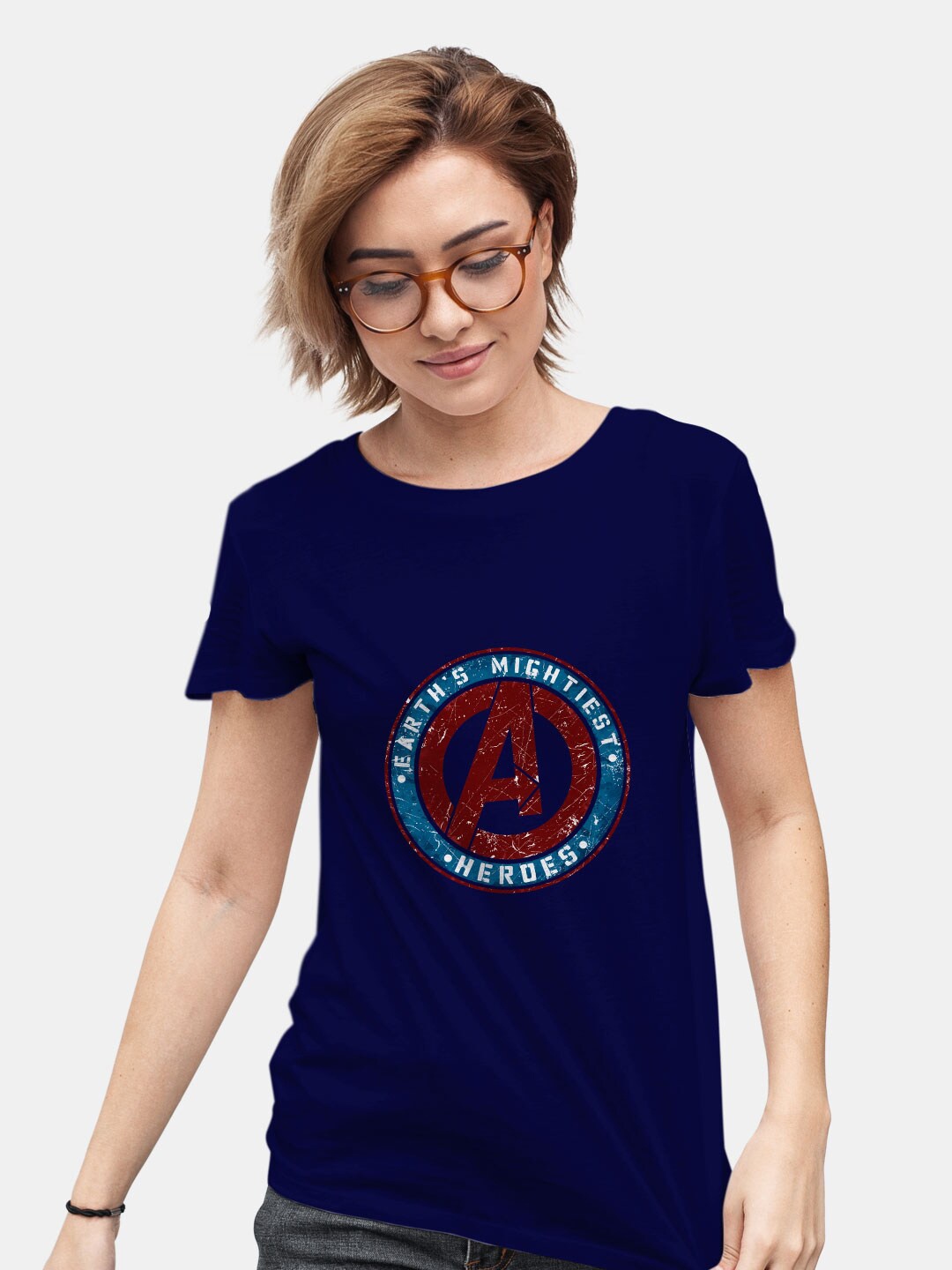 

macmerise Earth's Mightiest Badge Design Printed Bio Finish Pure Cotton T-shirt, Navy blue