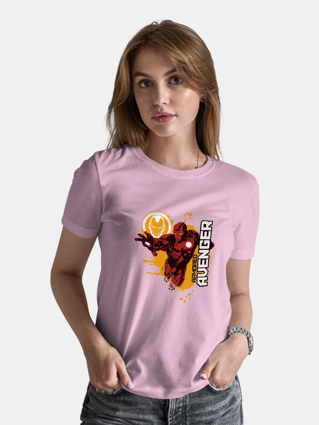 

macmerise Avengers Graphic Printed Round Neck Short Sleeves Bio Finish Cotton T-shirt, Pink