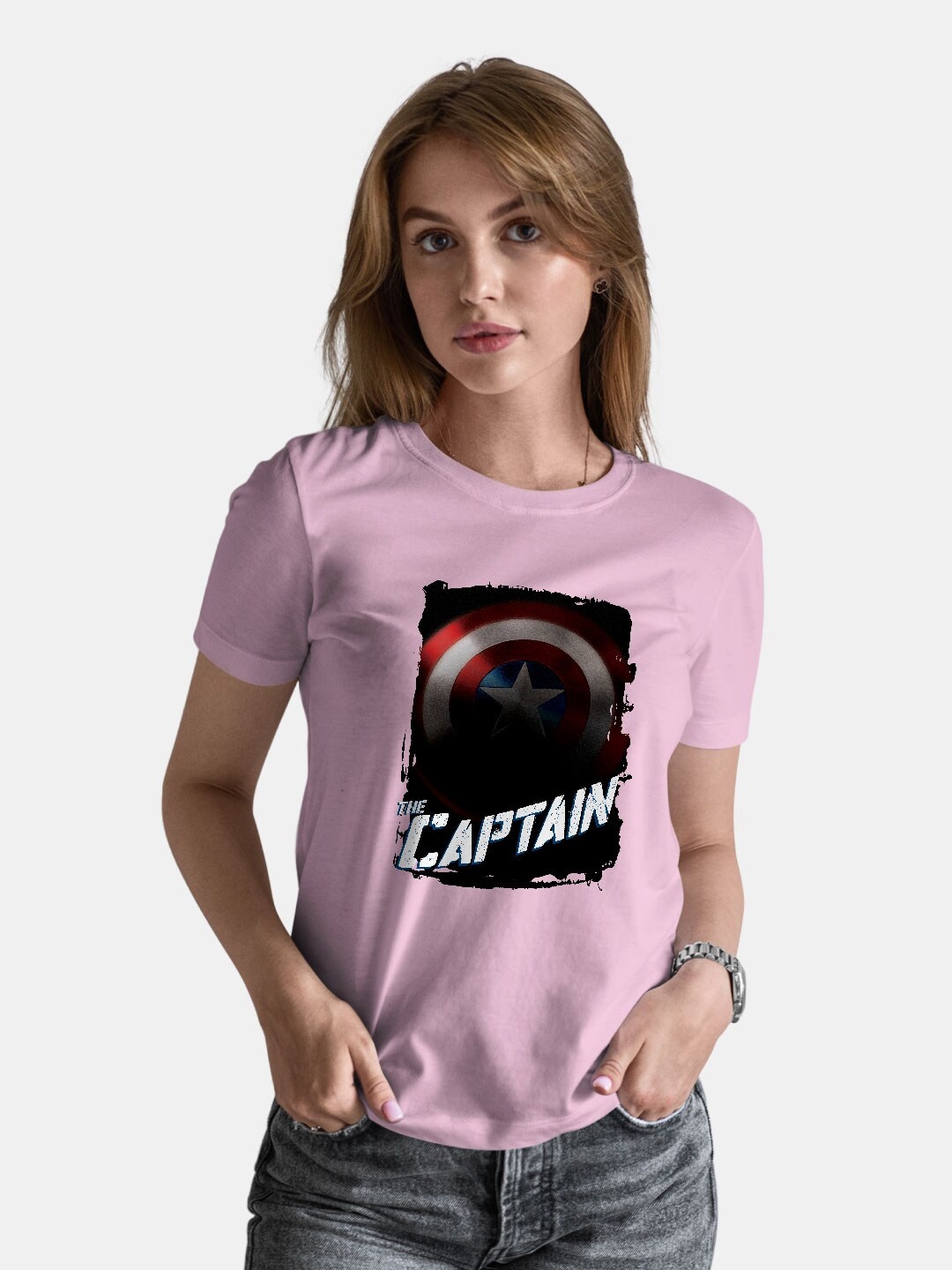 

macmerise Captain America Printed Round Neck Short Sleeves Cotton T-shirt, Pink