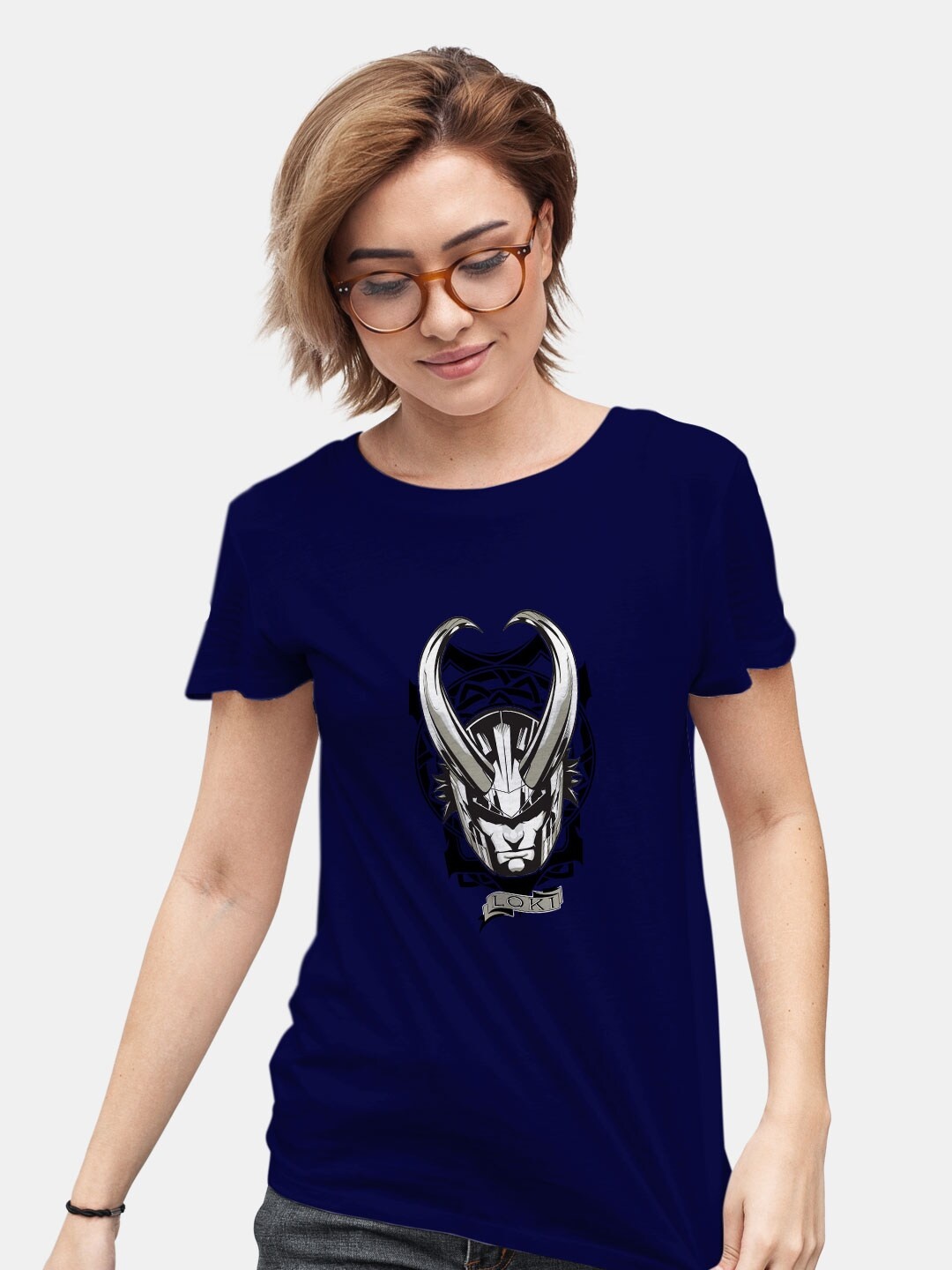 

macmerise Loki Printed Bio Finish Cotton Loose T-Shirt, Navy blue