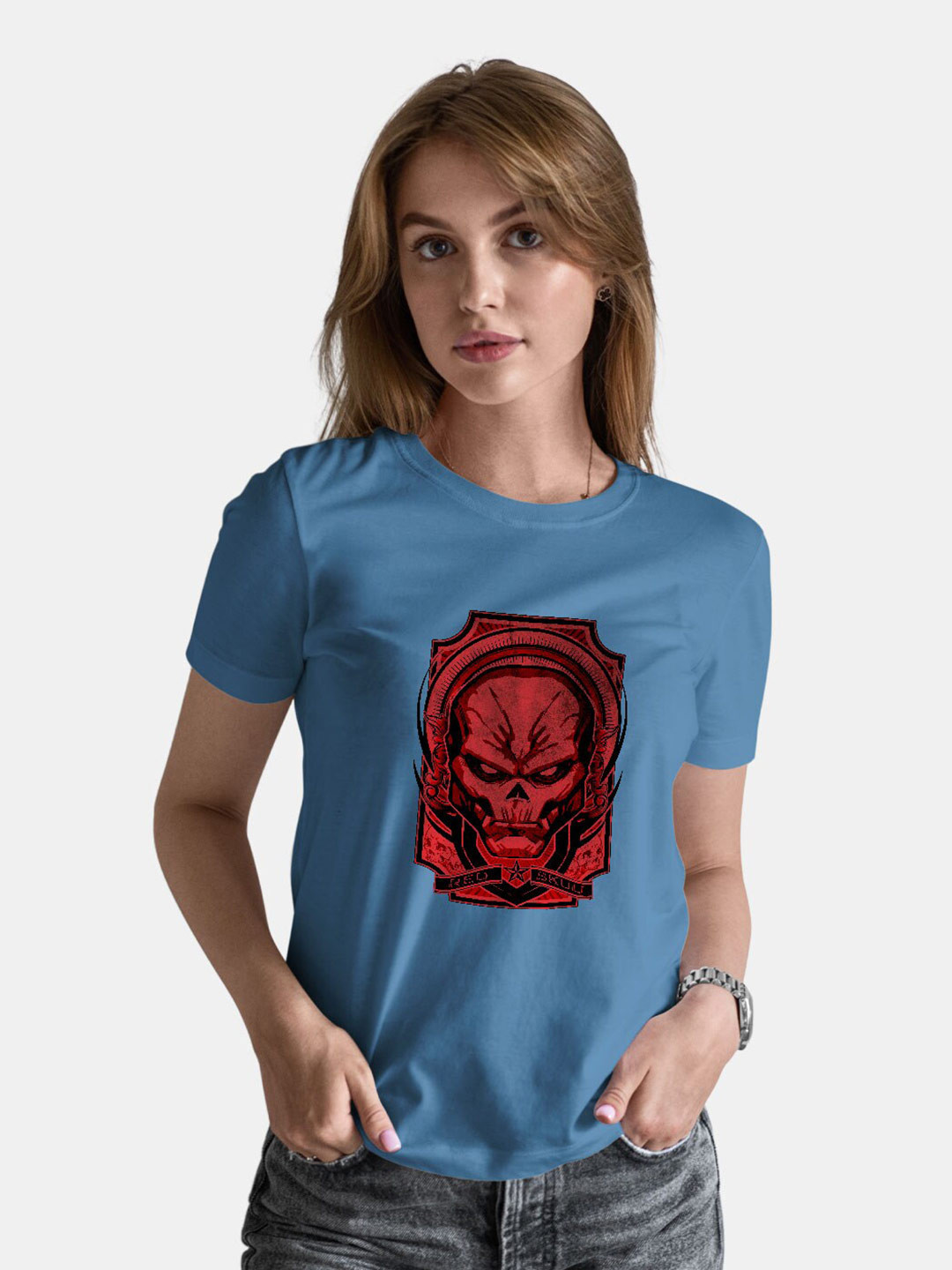 

macmerise Red Skull Printed Cotton Bio Finish T-shirt, Blue