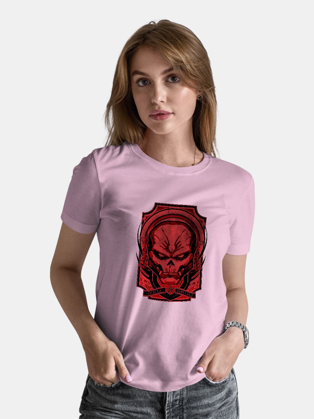 

macmerise Red Skull Printed Short Sleeves Bio Finish Cotton T-shirt, Pink