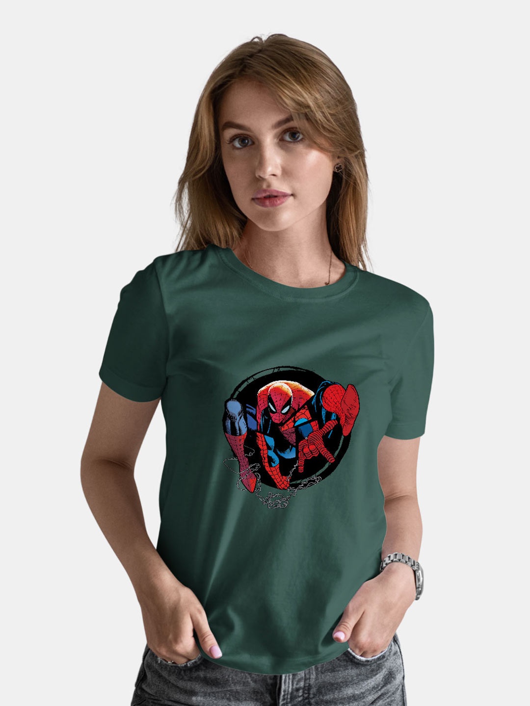 

macmerise Bio Finish Spider Man Graphic Printed Round Neck Cotton T-shirt, Olive