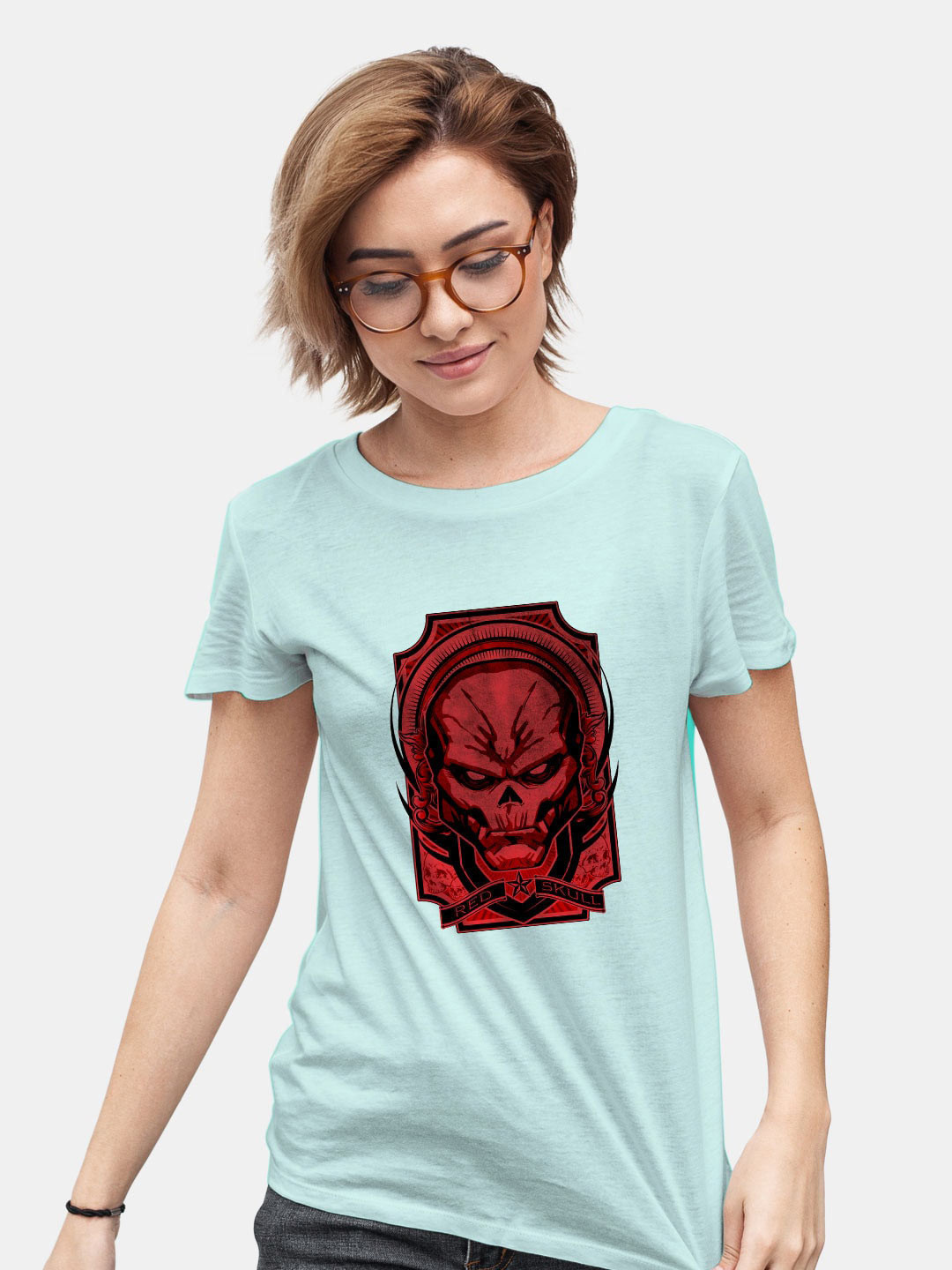 

macmerise Red Skull Printed Cotton Bio Finish T-shirt, Turquoise blue