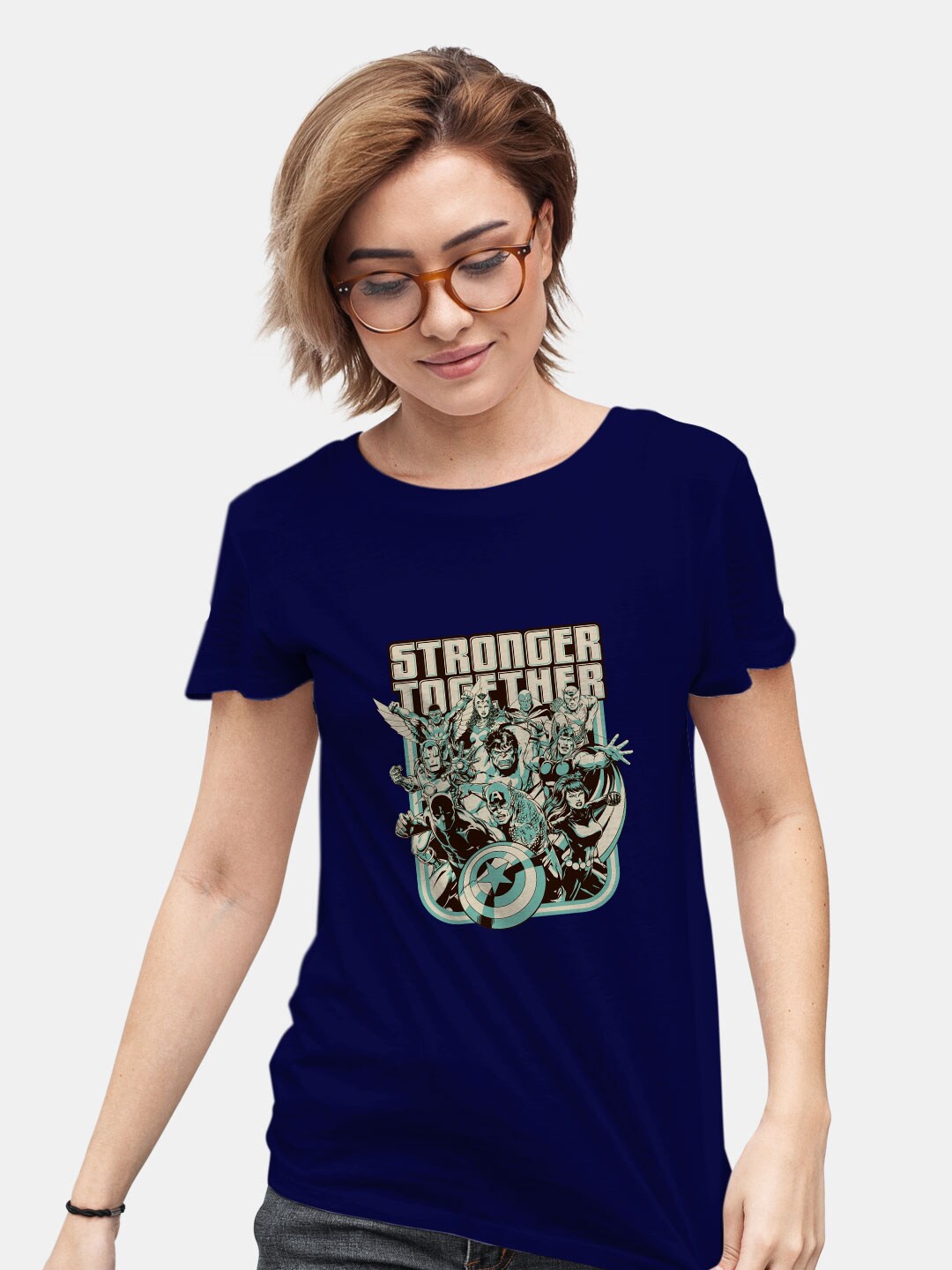 

macmerise Marvel Printed Bio Finish Cotton Loose T-Shirt, Navy blue