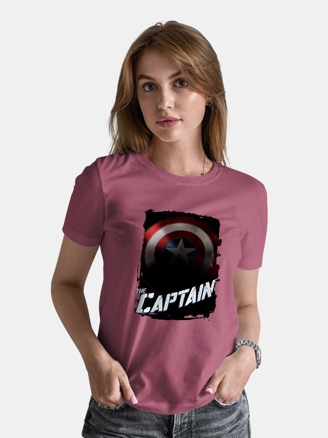 

macmerise Captain America Printed Round Neck Bio Finish Cotton T-shirt, Magenta