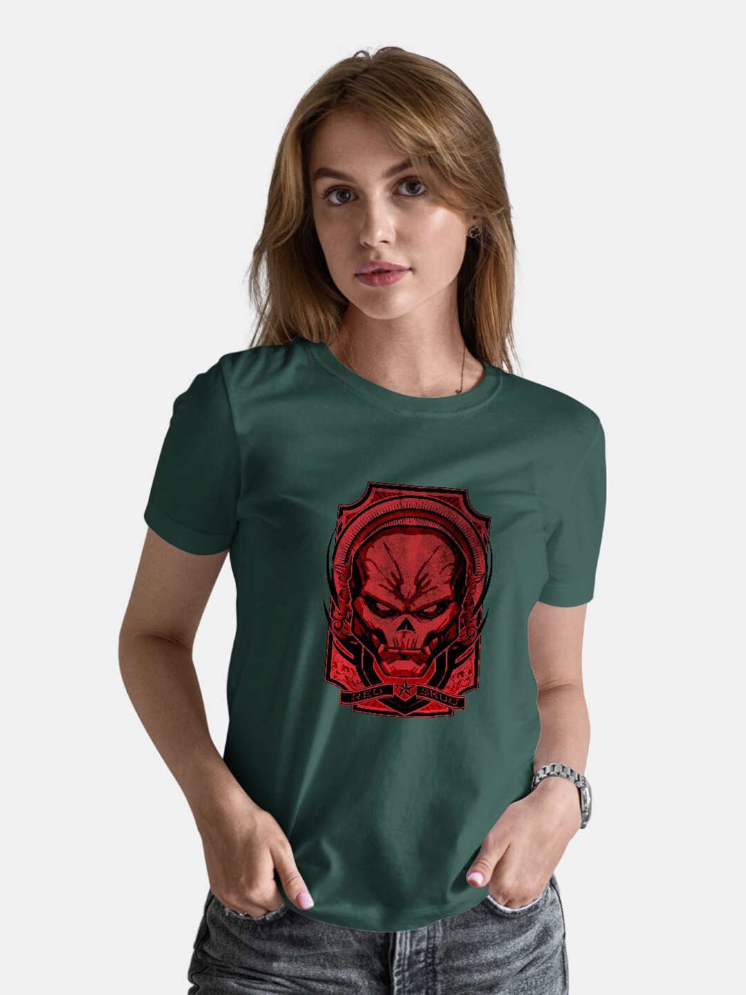 

macmerise Red Skull Printed Short Sleeves Bio Finish Cotton T-shirt, Green