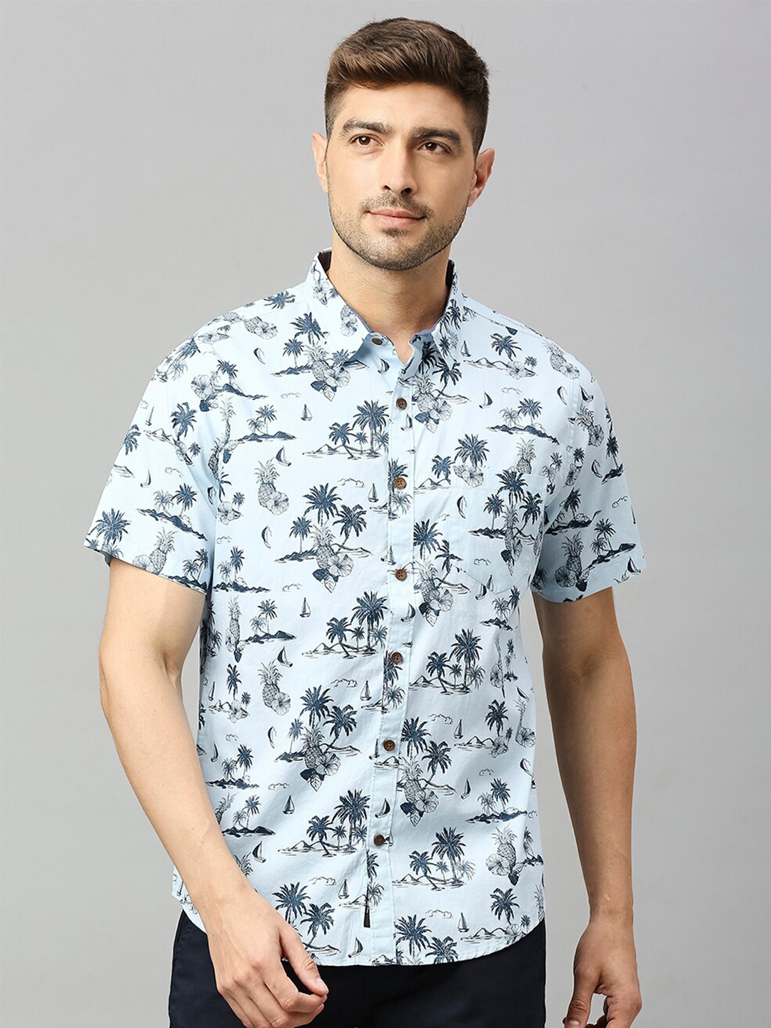 Thomas Scott Floral Printed Slim Fit Cotton Casual Shirt, Blue