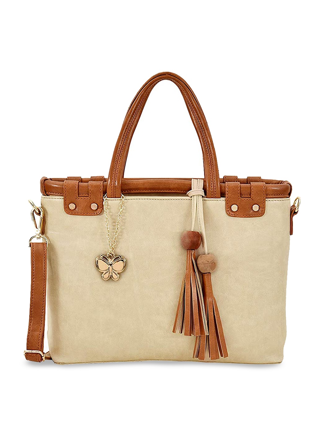 

Butterflies Textured Structured Handheld Bag With Tasselled, Cream