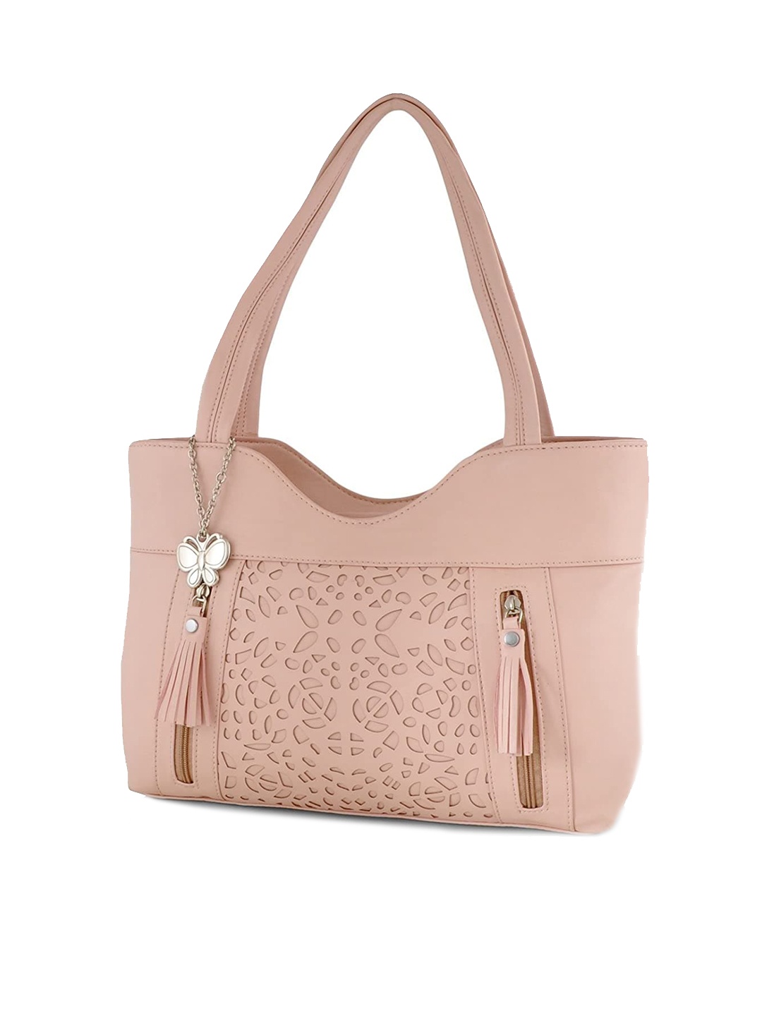 

Butterflies Textured Structured Shoulder Bag With Tasselled, Peach