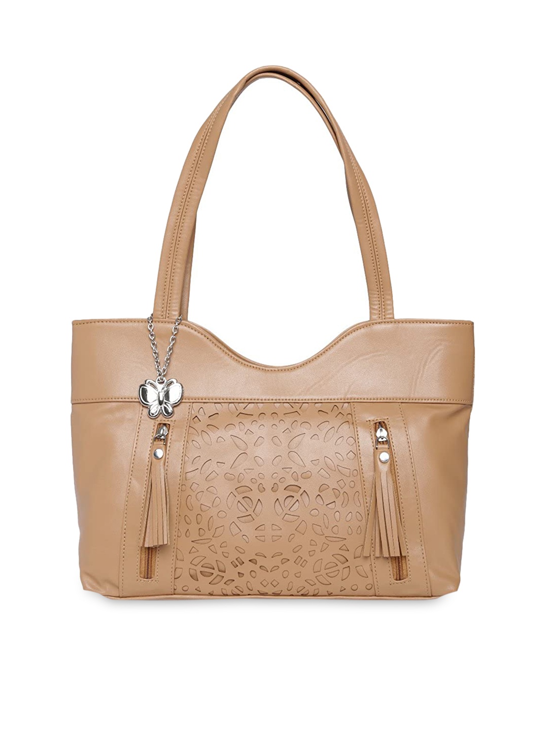 

Butterflies Textured Structured Shoulder Bag With Tasselled, Beige