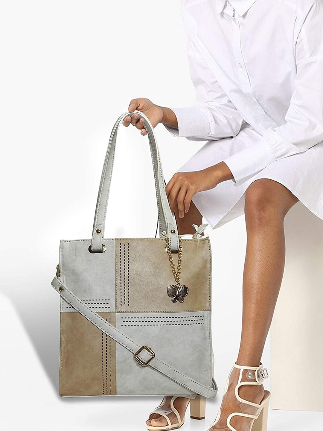 

Butterflies Colourblocked Structured Handheld Bag with Cut Work, Grey