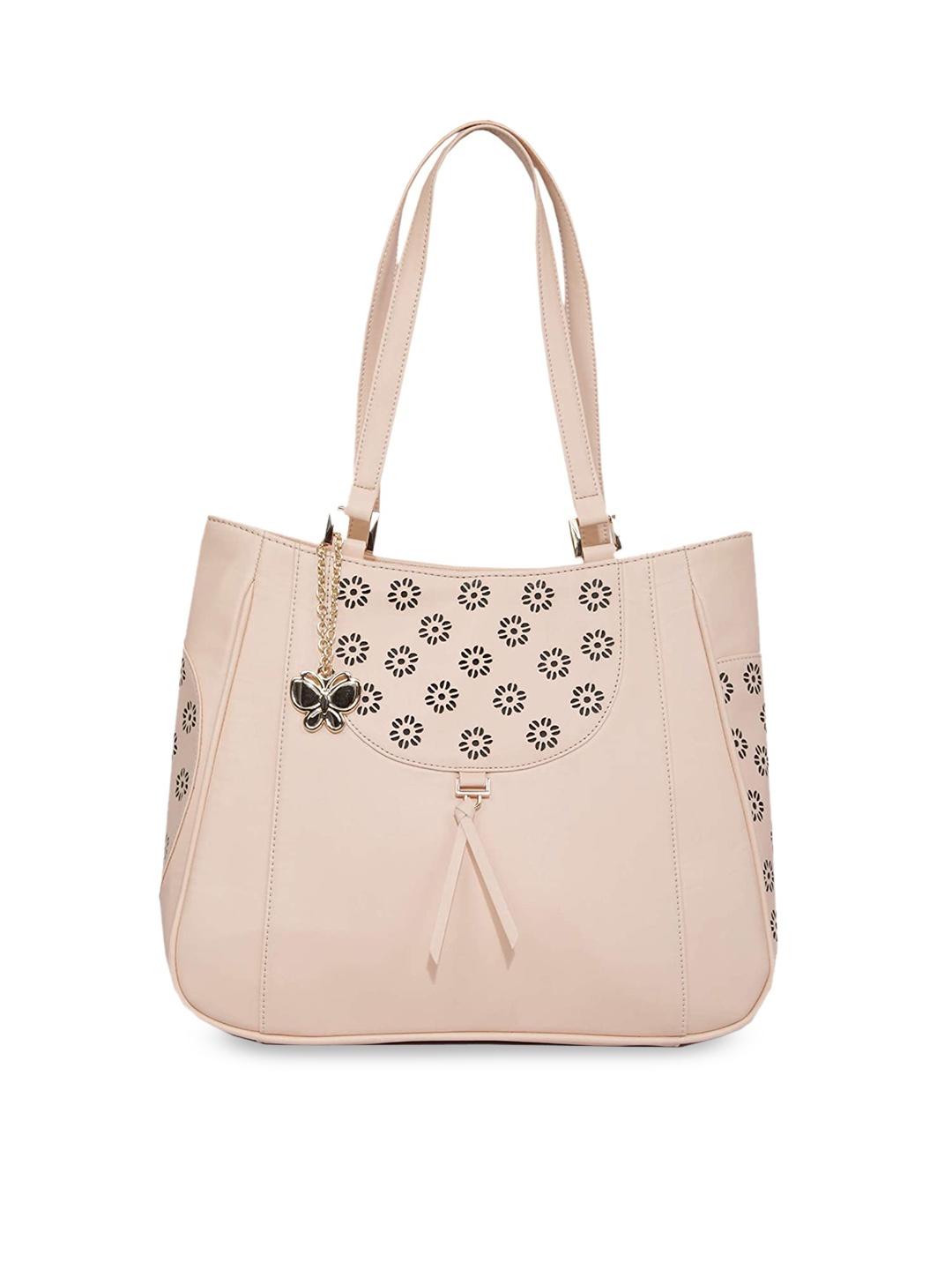 

Butterflies Geometric Structured Shoulder Bag with Cut Work, Peach
