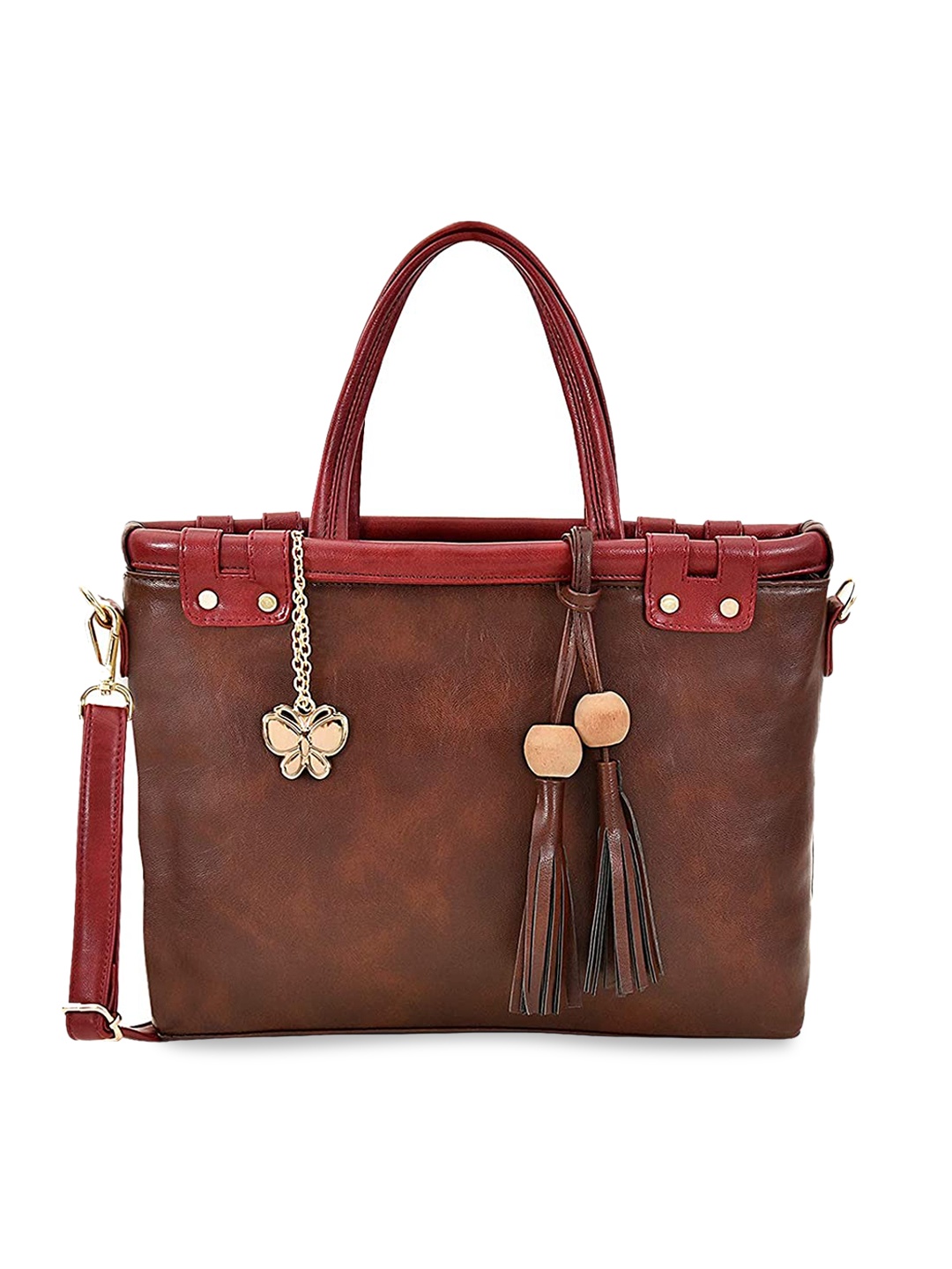 

Butterflies Textured Structured Handheld Bag With Tasselled, Brown