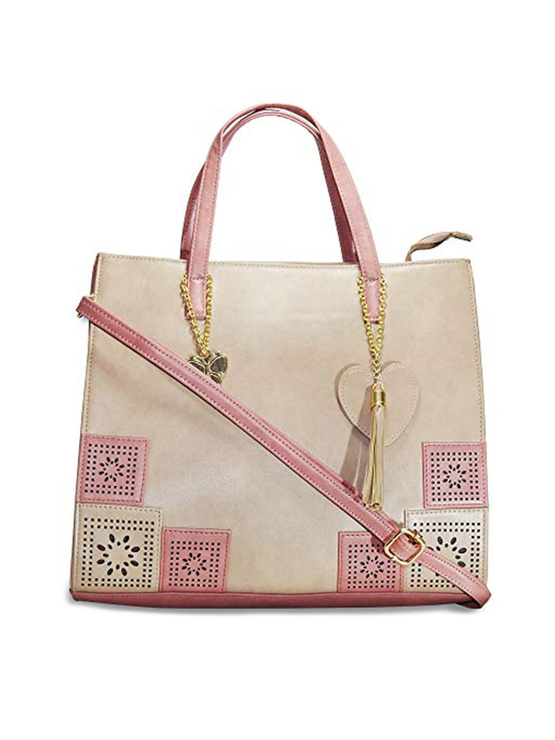 

Butterflies Printed Structured Handheld Bag With Tasselled, Beige