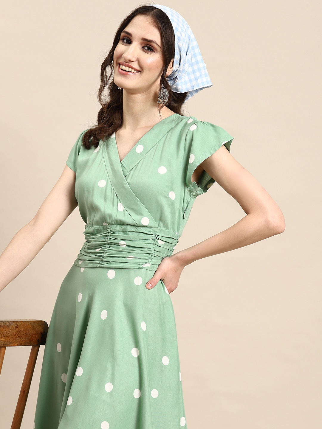 

Sangria Green Polka Dot Print A-Line Midi Dress