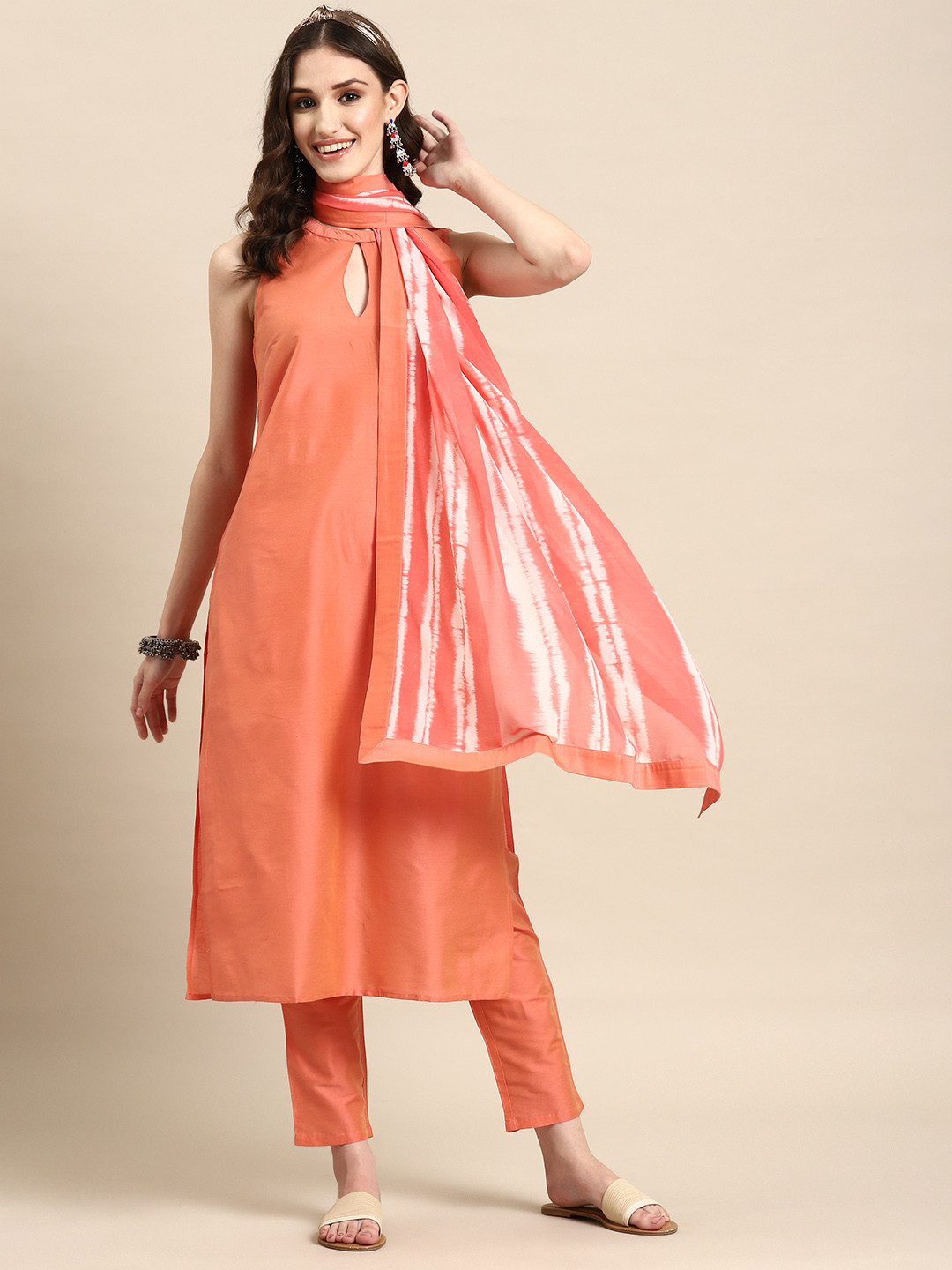 

Sangria Women Solid Keyhole Neck Kurta with Trouser & Dupatta, Peach