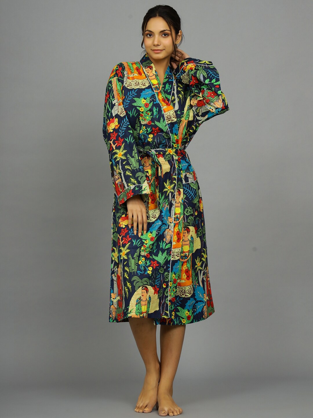 

HANDICRAFT PALACE Women Printed Pure Cotton Bath Robe With Belt, Navy blue
