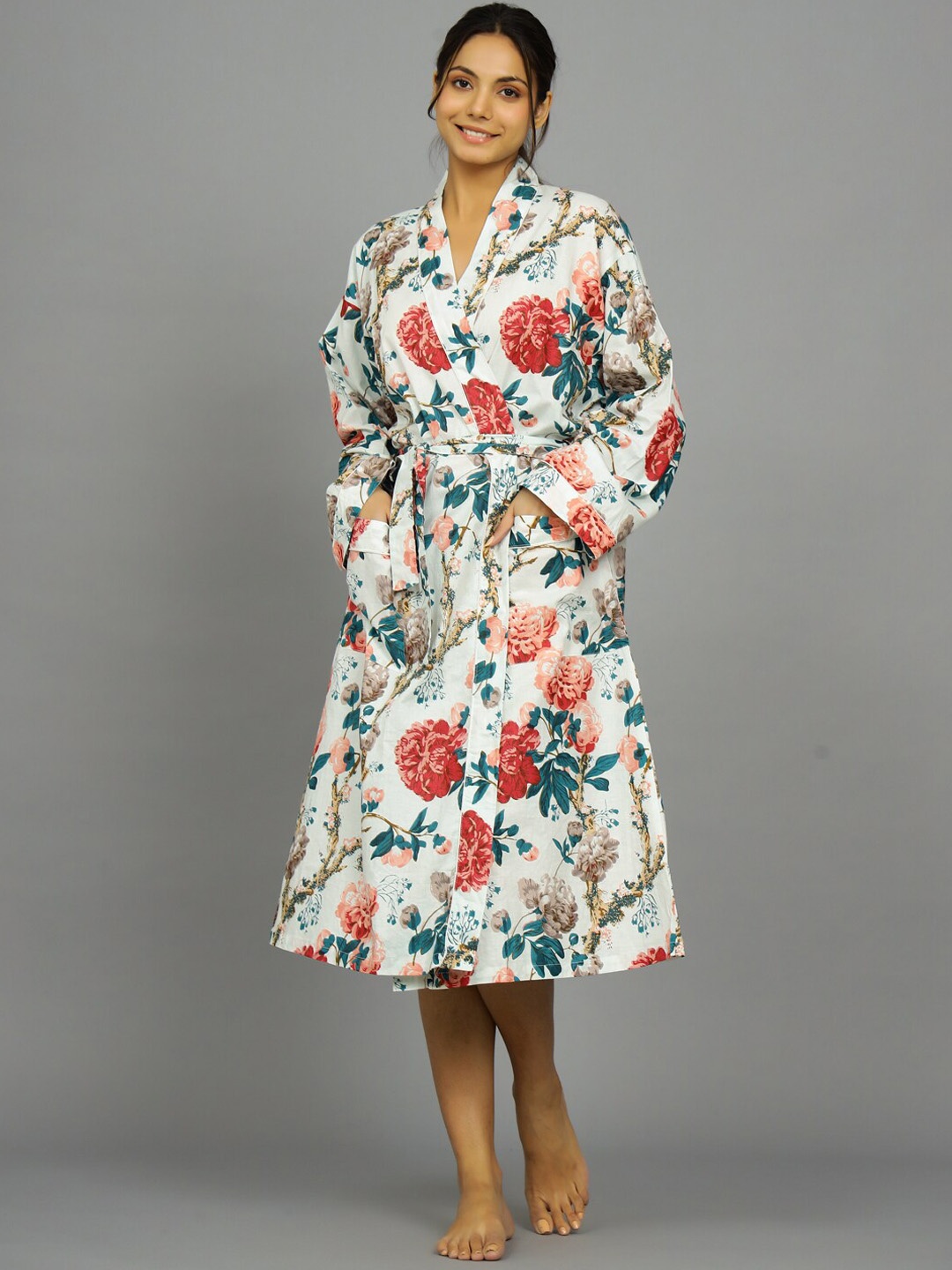

HANDICRAFT PALACE Women Printed Pure Cotton Bath Robe With Belt, White