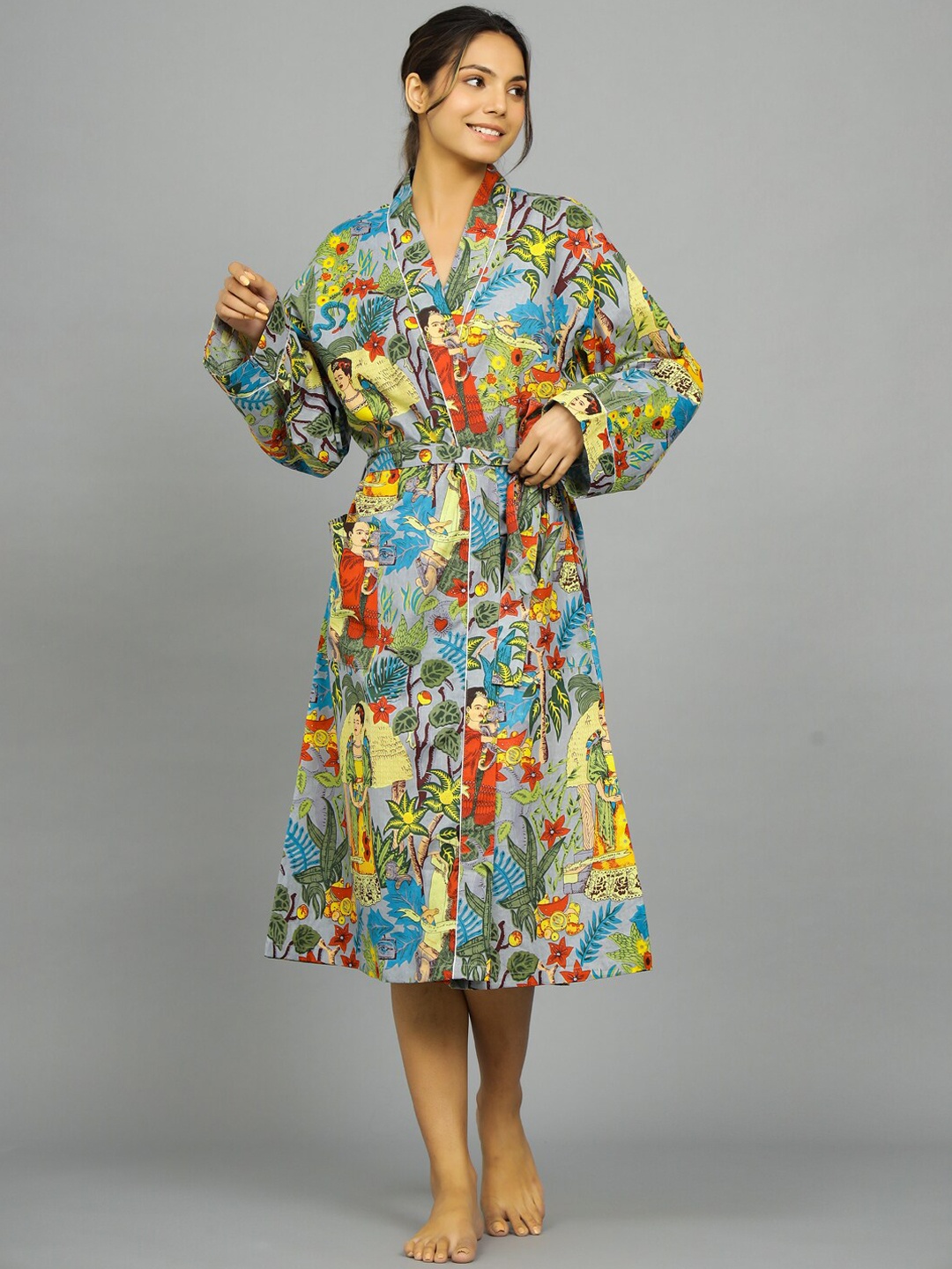 

HANDICRAFT PALACE Women Printed Pure Cotton Bath Robe, Grey