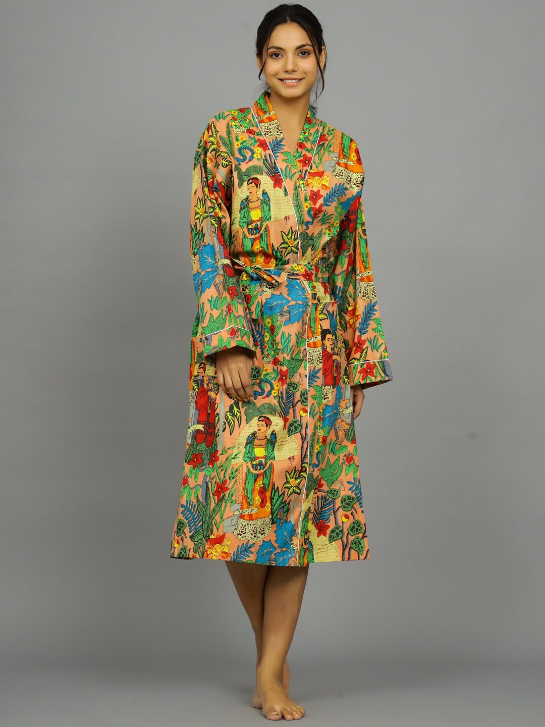 HANDICRAFT PALACE Women Printed Pure Cotton Bath Robe With Belt, Peach