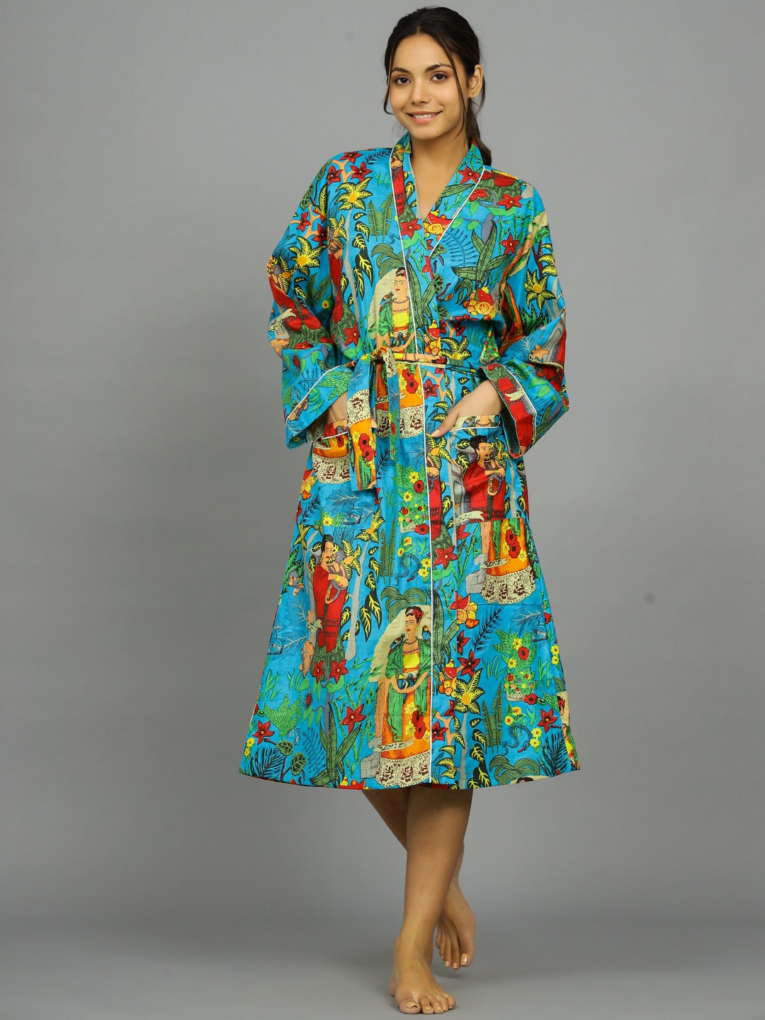 

HANDICRAFT PALACE Women Printed Pure Cotton Bath Robe With Belt, Turquoise blue