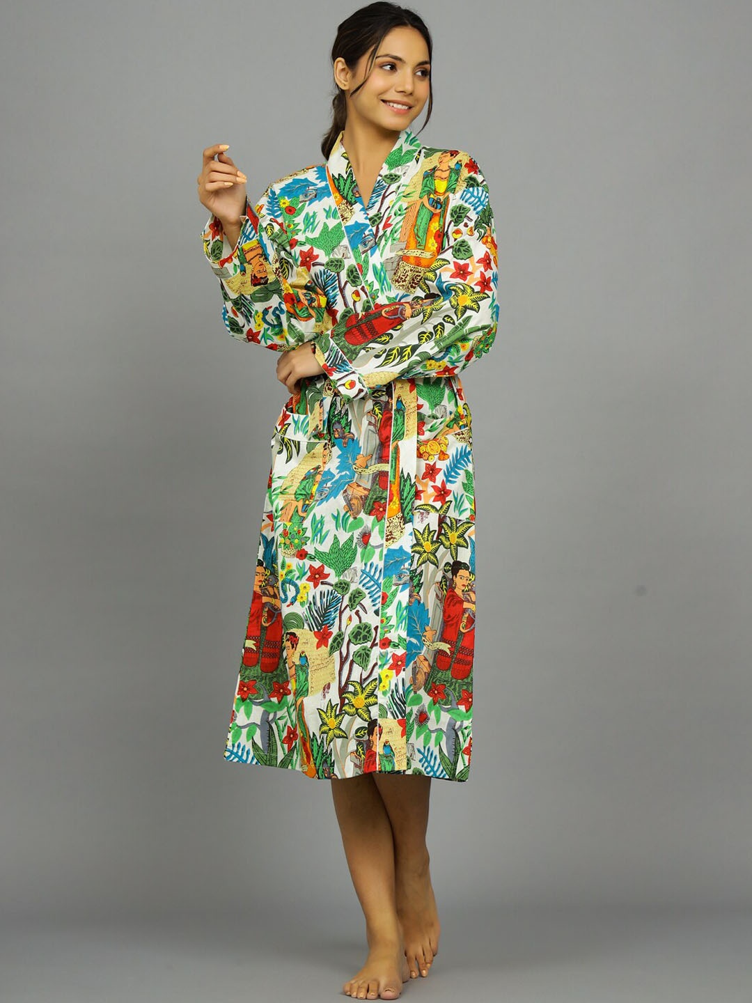 

HANDICRAFT PALACE Women Printed Pure Cotton Bath Robe With Belt, White