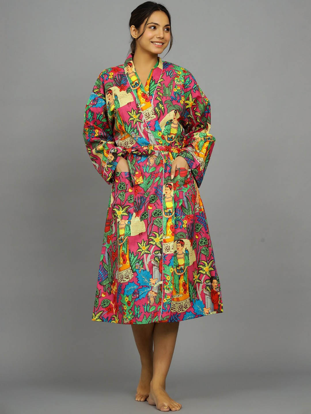

HANDICRAFT PALACE Women Printed Pure Cotton Bath Robe With Belt, Pink