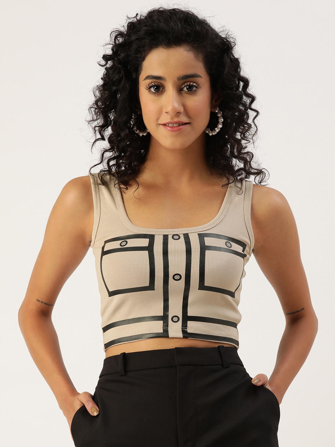 

Malachi Geometric Print Ribbed Pure Cotton Crop Top, Beige