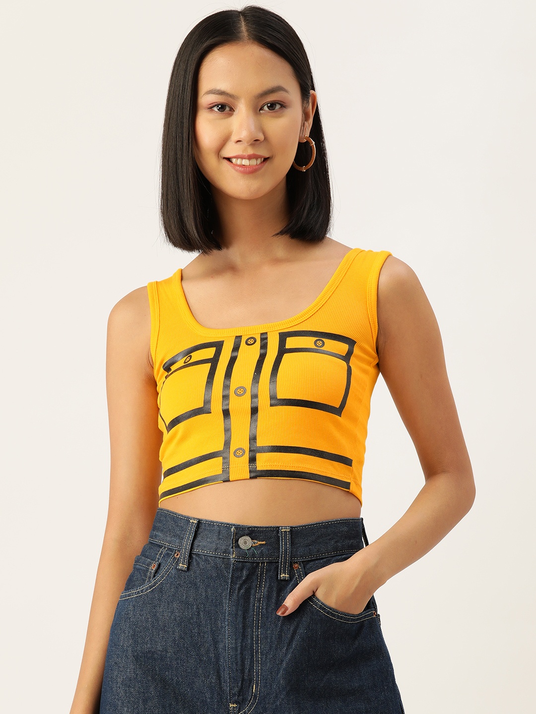 

Malachi Geometric Print Ribbed Pure Cotton Crop Top, Yellow