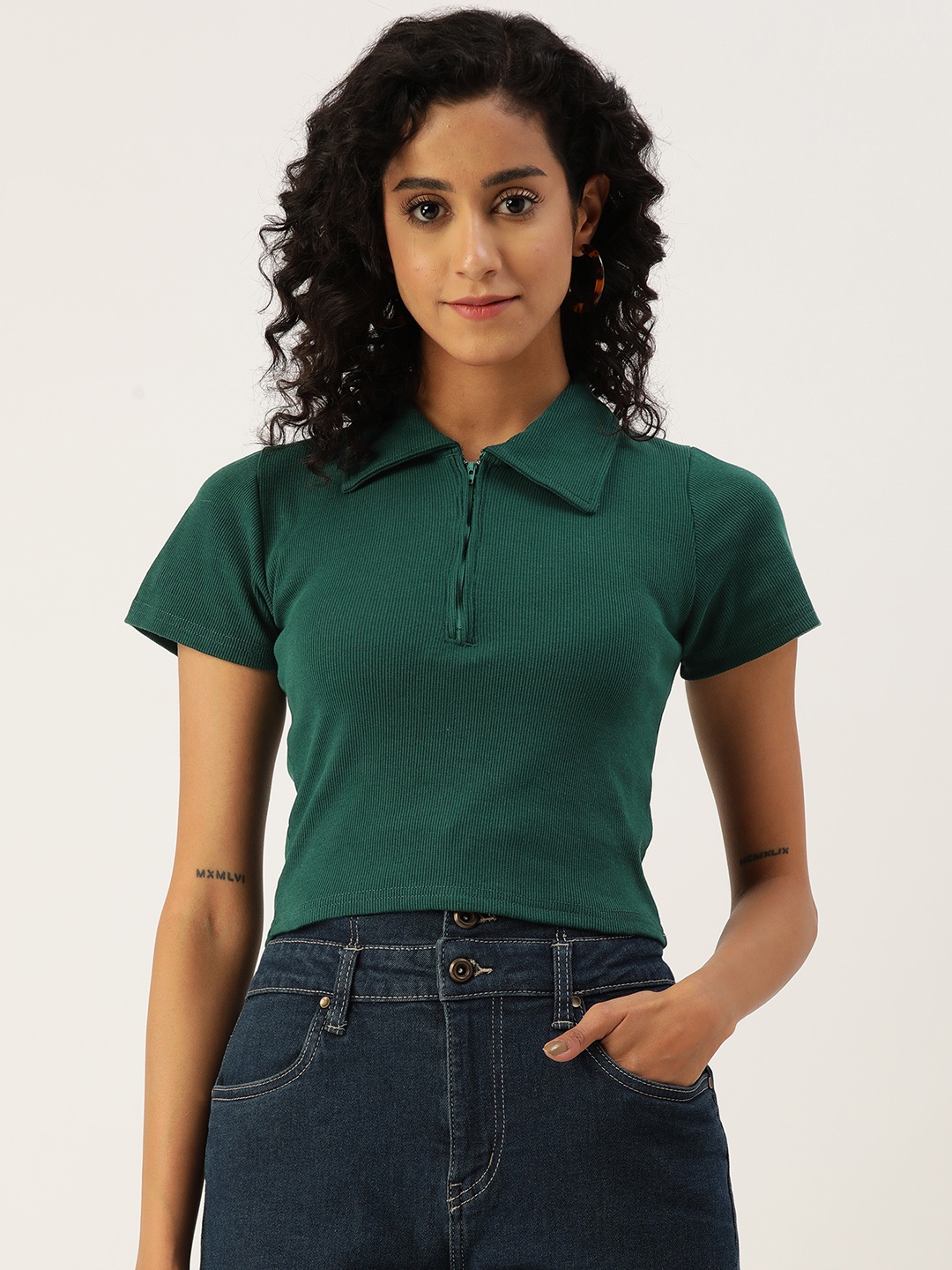 

Malachi Polo Collar Slim Fit Ribbed Pure Cotton Crop T-shirt, Teal