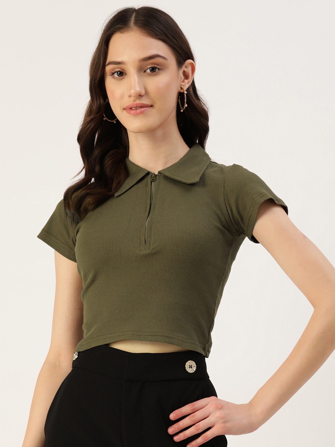 

Malachi Polo Collar Slim Fit Ribbed Pure Cotton Crop T-shirt, Olive